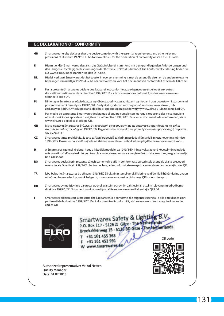 Ec declaration of conformity | ELRO C705IP WiFi network camera User Manual | Page 131 / 132