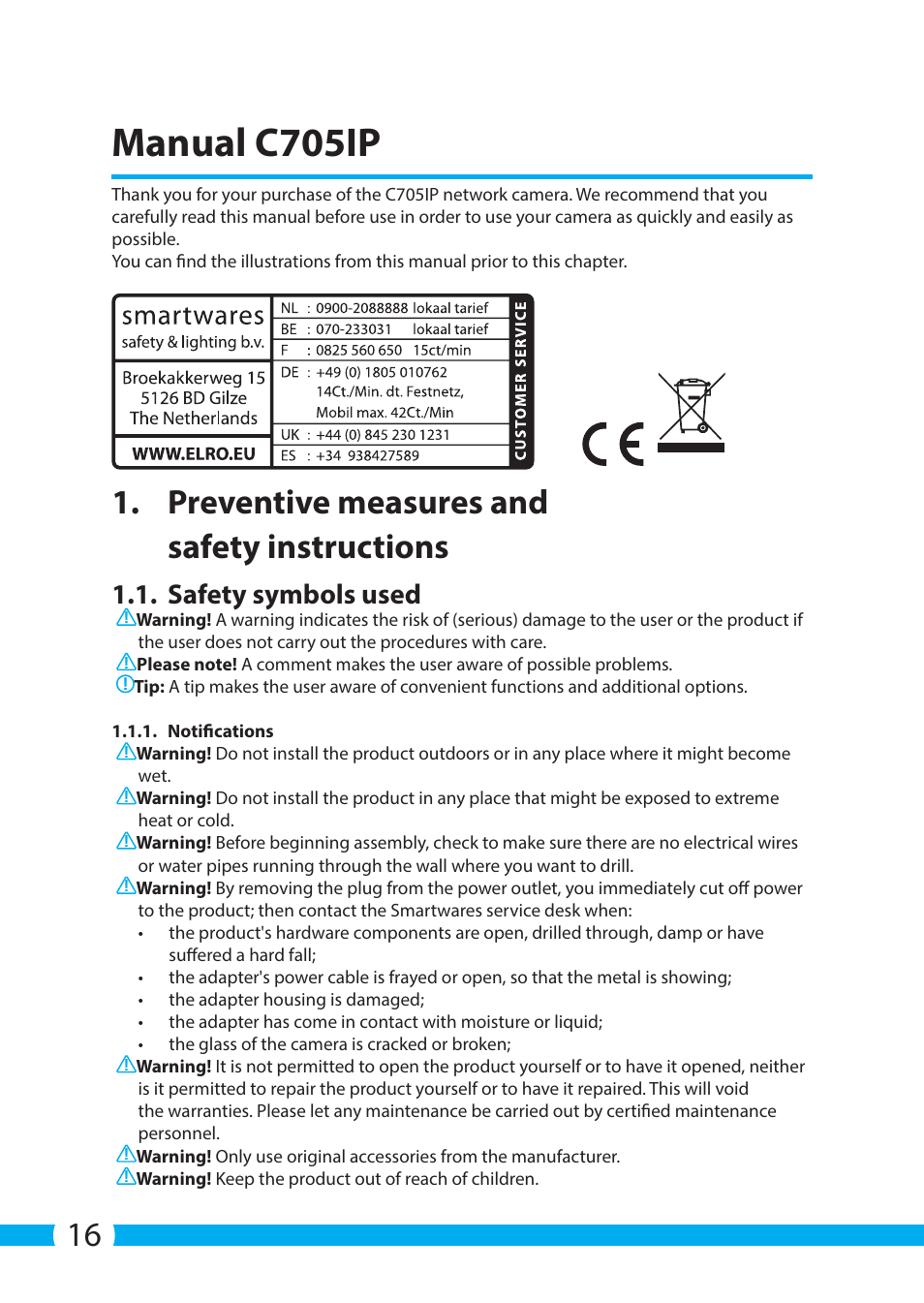 Manual c705ip, Preventive measures and safety instructions, Safety symbols used | ELRO C705IP WiFi network camera User Manual | Page 16 / 132