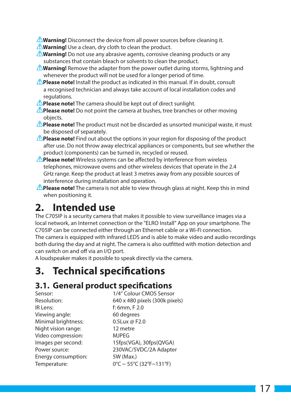 Intended use, Technical specifications, General product specifications | ELRO C705IP WiFi network camera User Manual | Page 17 / 132