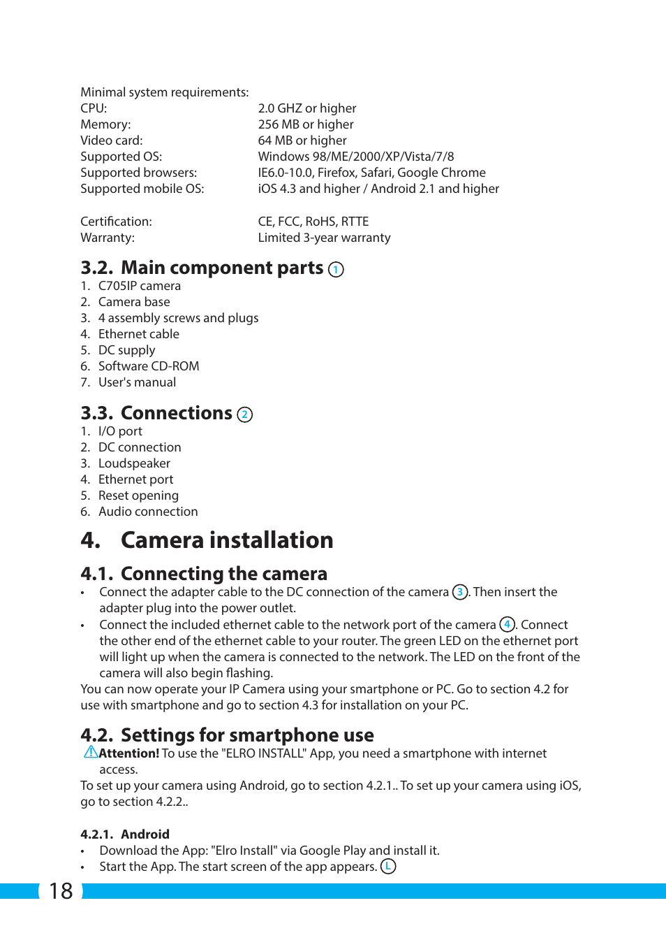 Camera installation, Main component parts, Connections | Connecting the camera, Settings for smartphone use | ELRO C705IP WiFi network camera User Manual | Page 18 / 132