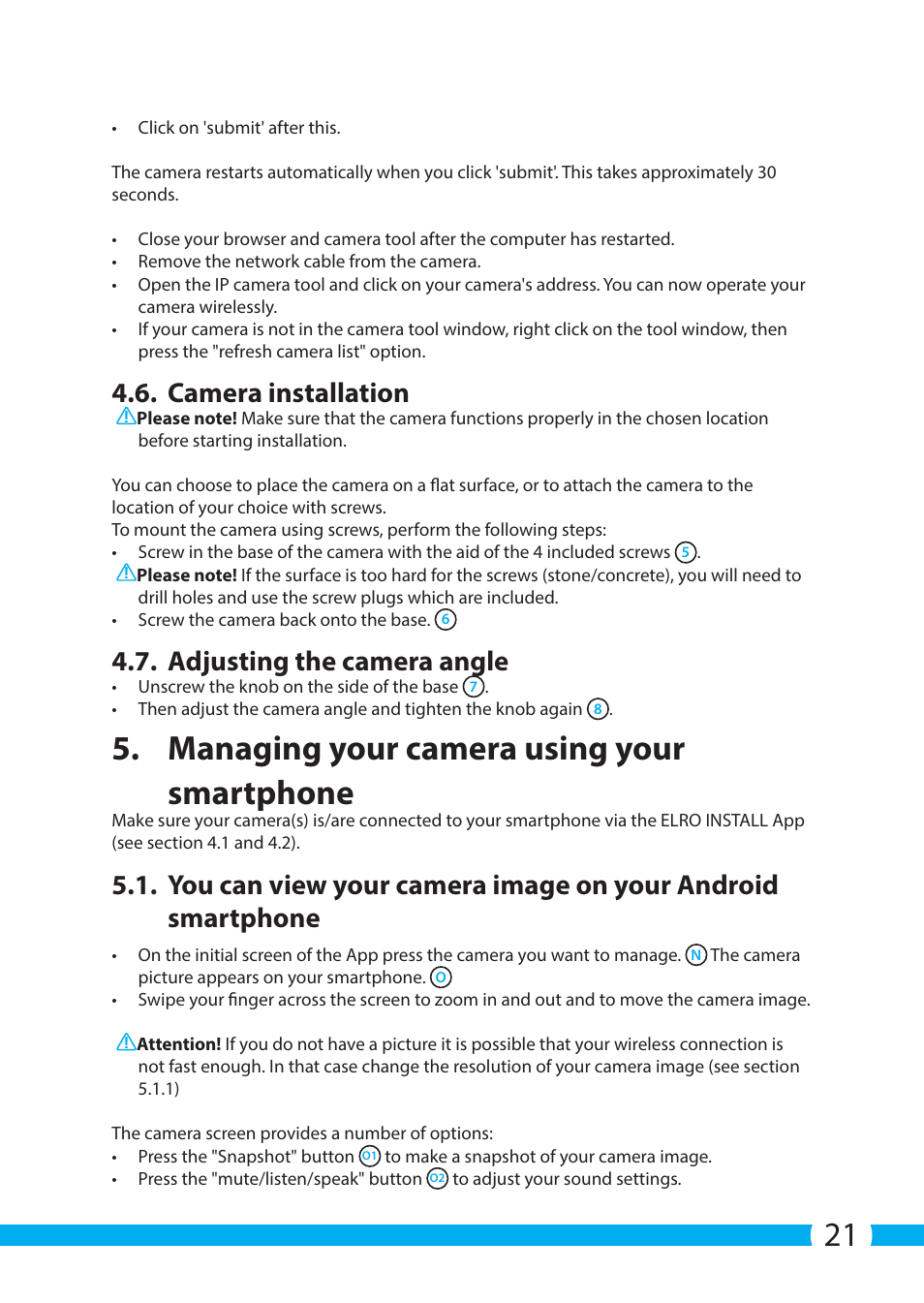 Managing your camera using your smartphone, Camera installation, Adjusting the camera angle | ELRO C705IP WiFi network camera User Manual | Page 21 / 132