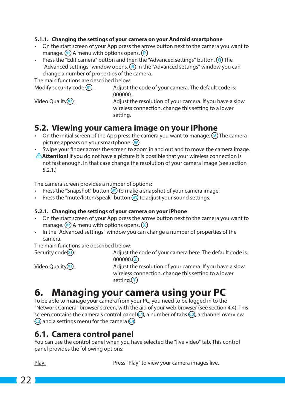 Managing your camera using your pc, Viewing your camera image on your iphone, Camera control panel | ELRO C705IP WiFi network camera User Manual | Page 22 / 132