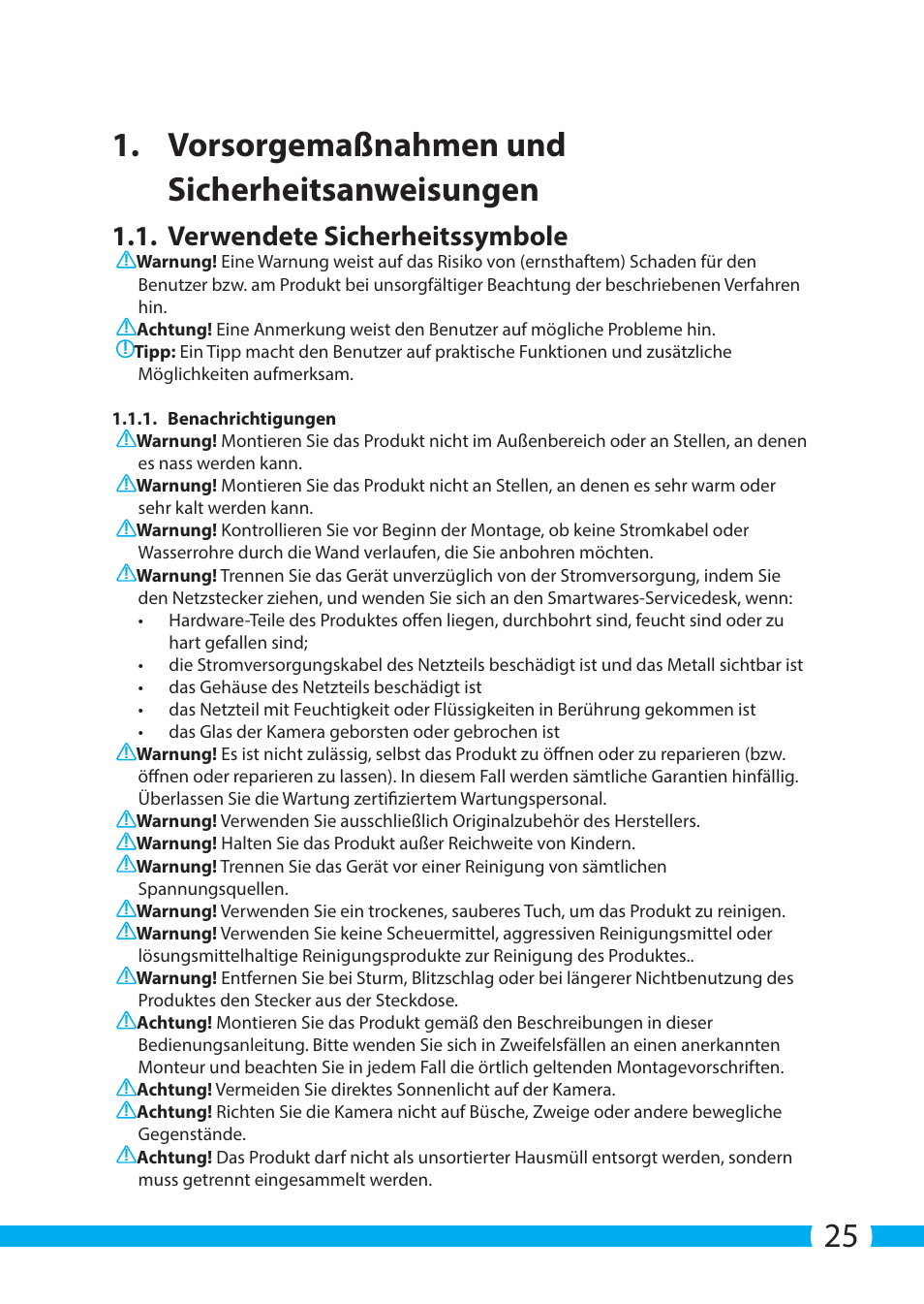 25 1. vorsorgemaßnahmen und sicherheitsanweisungen, Verwendete sicherheitssymbole | ELRO C705IP WiFi network camera User Manual | Page 25 / 132