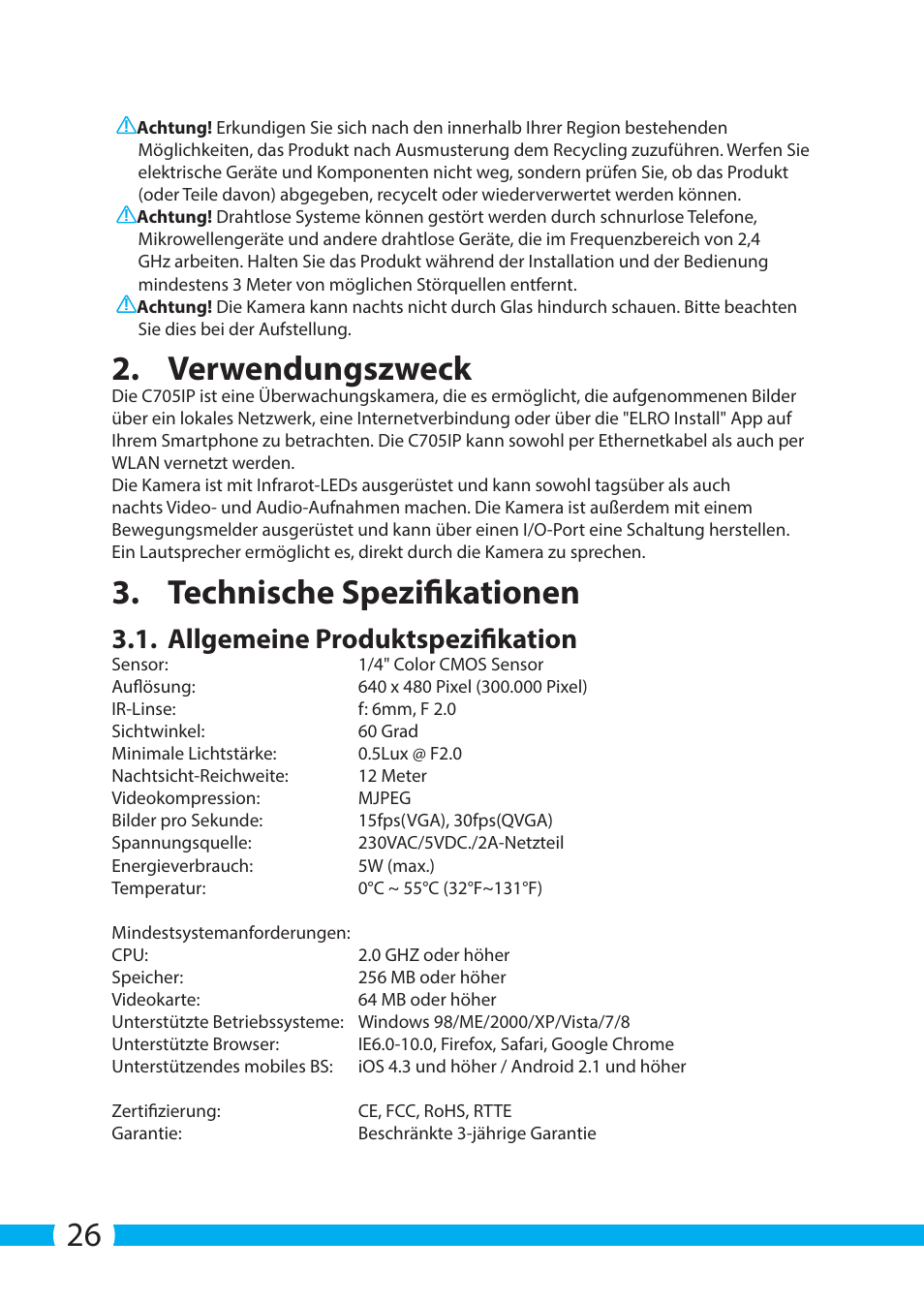 Verwendungszweck, Technische spezifikationen, Allgemeine produktspezifikation | ELRO C705IP WiFi network camera User Manual | Page 26 / 132