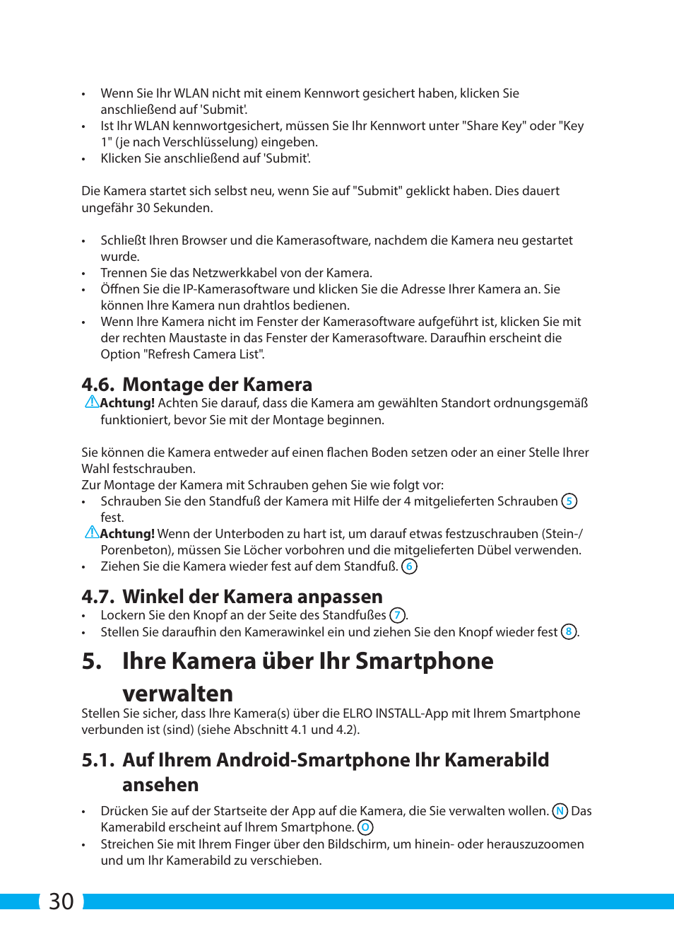 Ihre kamera über ihr smartphone verwalten, Montage der kamera, Winkel der kamera anpassen | ELRO C705IP WiFi network camera User Manual | Page 30 / 132