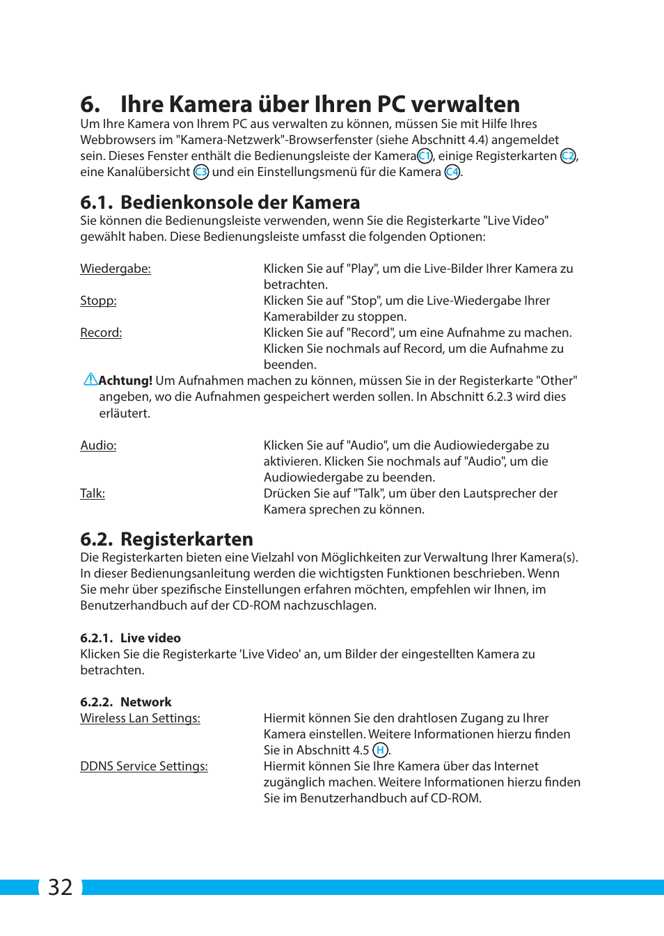 32 6. ihre kamera über ihren pc verwalten, Bedienkonsole der kamera, Registerkarten | ELRO C705IP WiFi network camera User Manual | Page 32 / 132