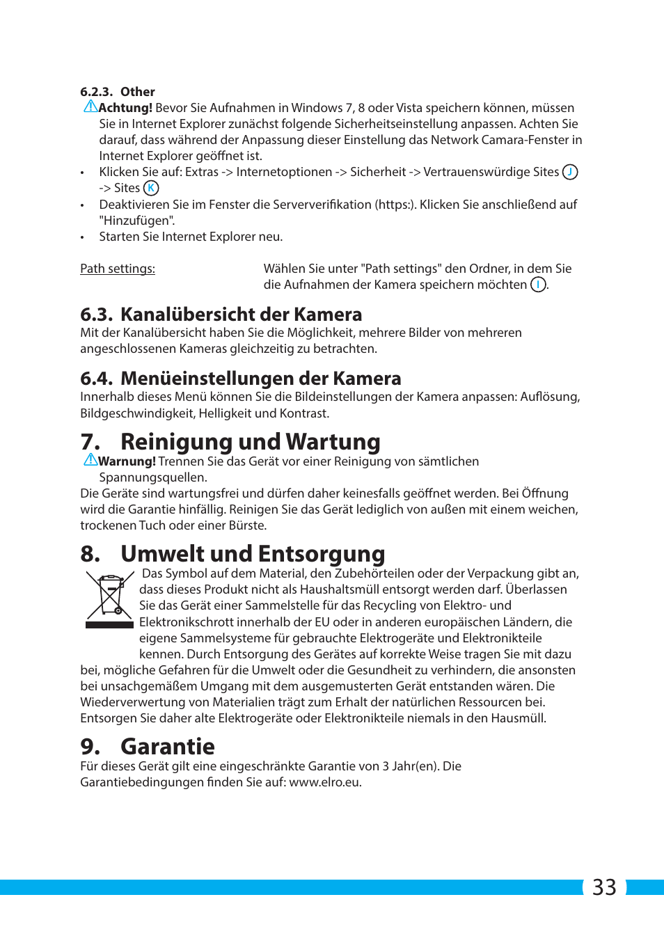 Reinigung und wartung, Umwelt und entsorgung, Garantie | Kanalübersicht der kamera, Menüeinstellungen der kamera | ELRO C705IP WiFi network camera User Manual | Page 33 / 132