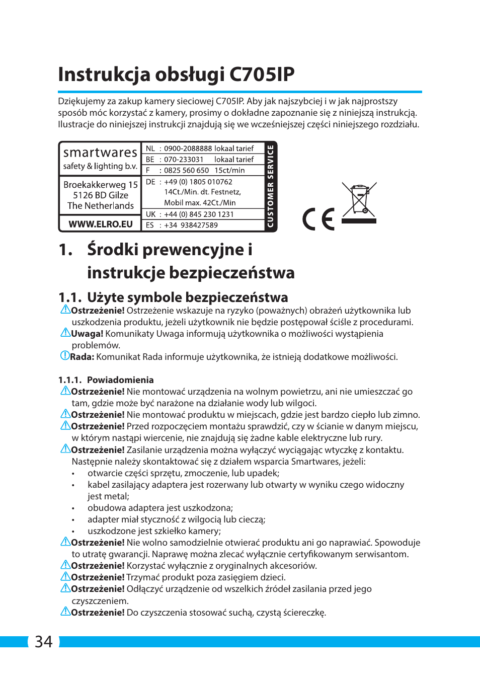 Instrukcja obsługi c705ip, Środki prewencyjne i instrukcje bezpieczeństwa, Użyte symbole bezpieczeństwa | ELRO C705IP WiFi network camera User Manual | Page 34 / 132