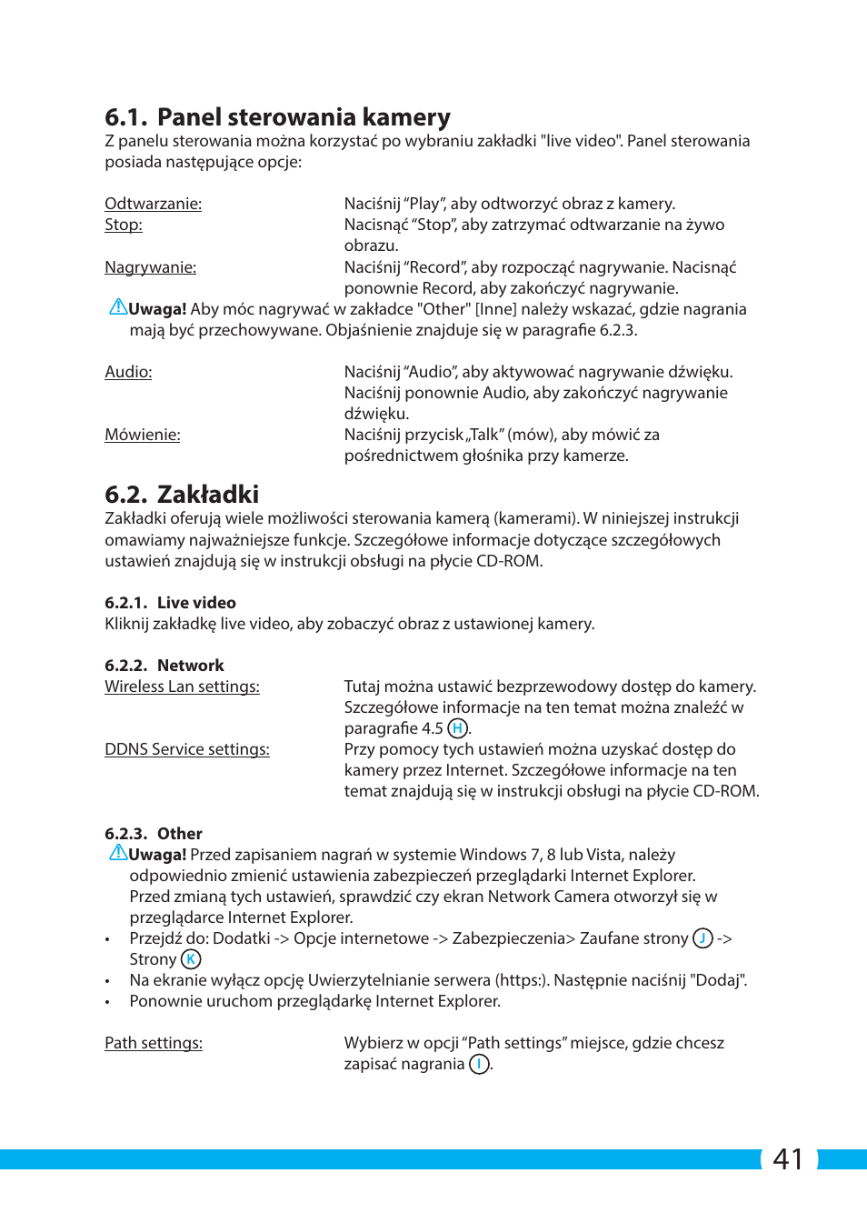 Panel sterowania kamery, Zakładki | ELRO C705IP WiFi network camera User Manual | Page 41 / 132