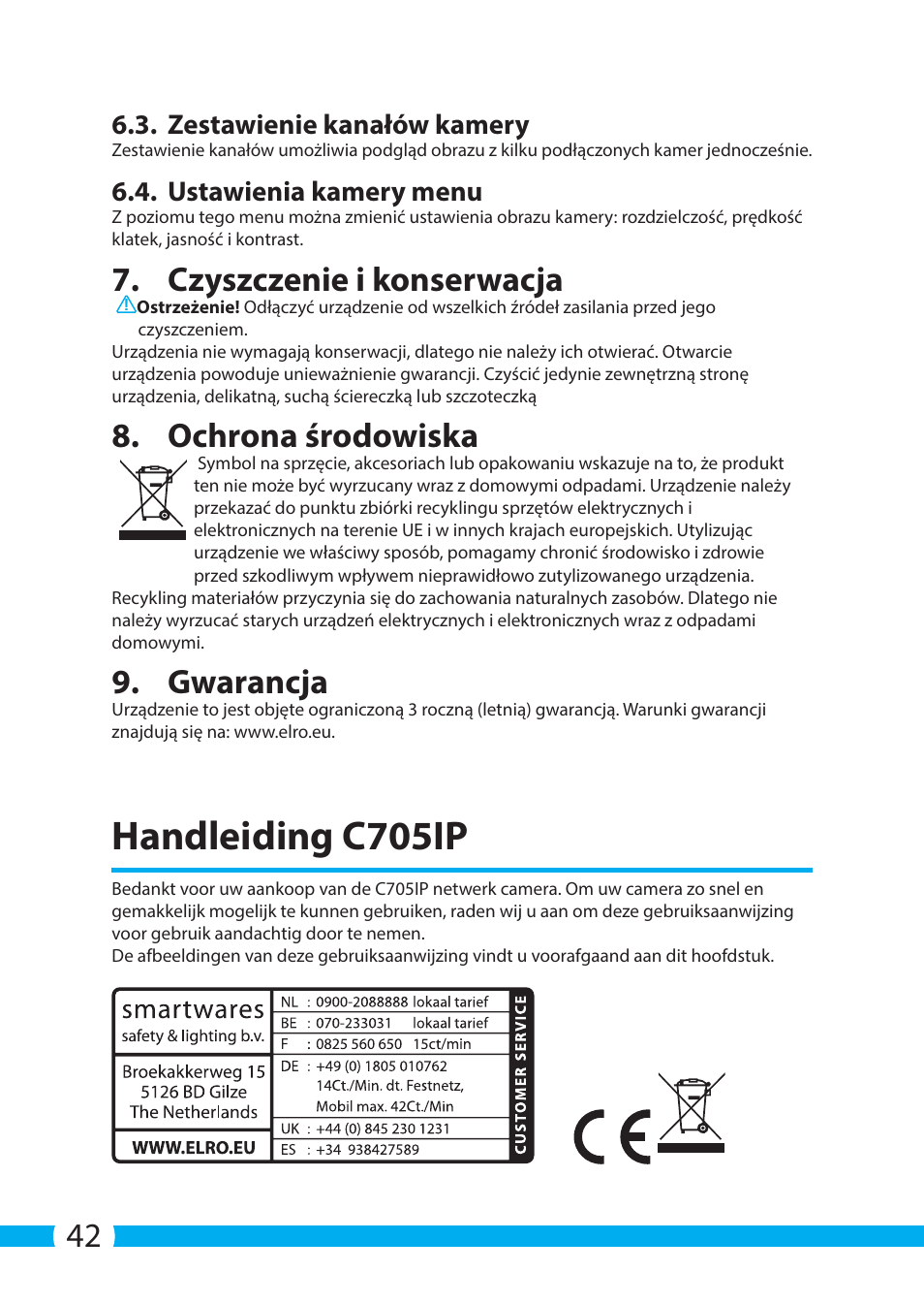 Handleiding c705ip, Czyszczenie i konserwacja, Ochrona środowiska | Gwarancja, Zestawienie kanałów kamery, Ustawienia kamery menu | ELRO C705IP WiFi network camera User Manual | Page 42 / 132