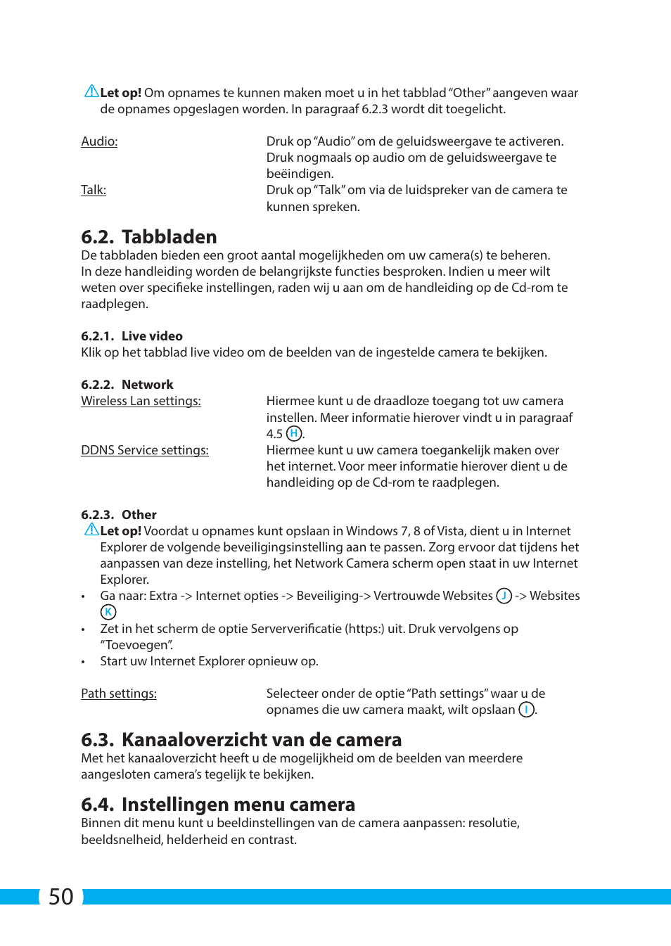 Tabbladen, Kanaaloverzicht van de camera, Instellingen menu camera | ELRO C705IP WiFi network camera User Manual | Page 50 / 132