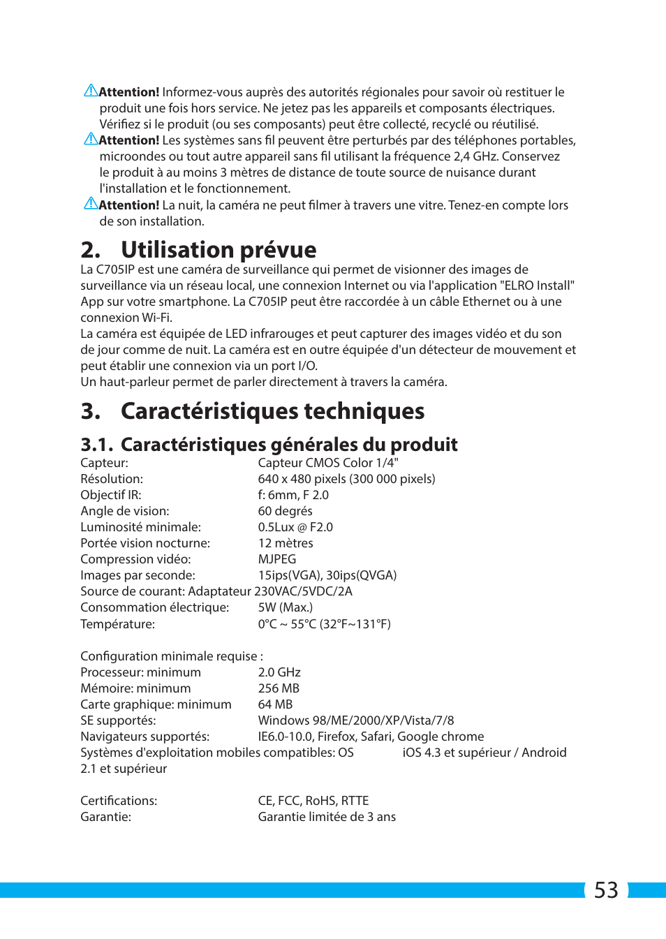 Utilisation prévue, Caractéristiques techniques, Caractéristiques générales du produit | ELRO C705IP WiFi network camera User Manual | Page 53 / 132