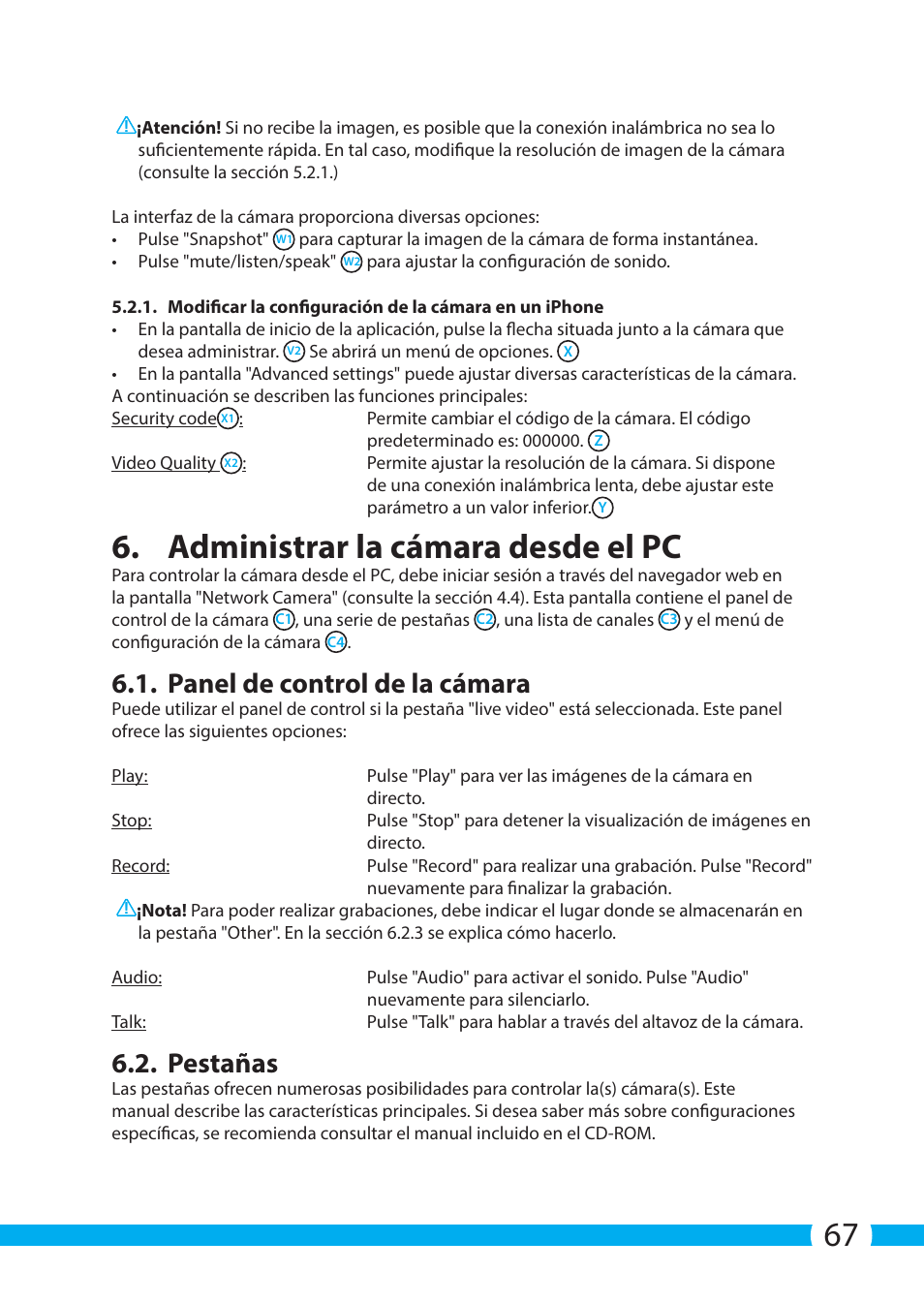 Administrar la cámara desde el pc, Panel de control de la cámara, Pestañas | ELRO C705IP WiFi network camera User Manual | Page 67 / 132