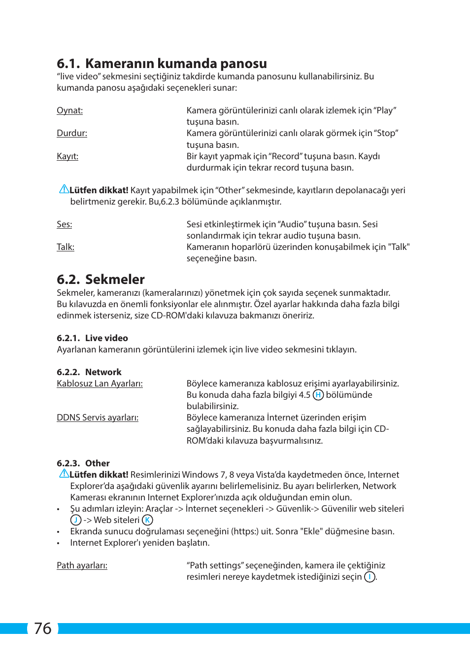 Kameranın kumanda panosu, Sekmeler | ELRO C705IP WiFi network camera User Manual | Page 76 / 132