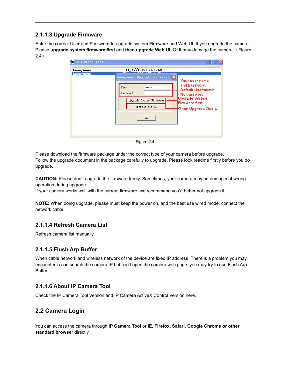 2 camera login, Amera, Ogin | 3 upgrade firmware, 4 refresh camera list, 5 flush arp buffer, 6 about ip camera tool | ELRO C803IP Plug & Play network camera Full USERS MANUAL User Manual | Page 11 / 52