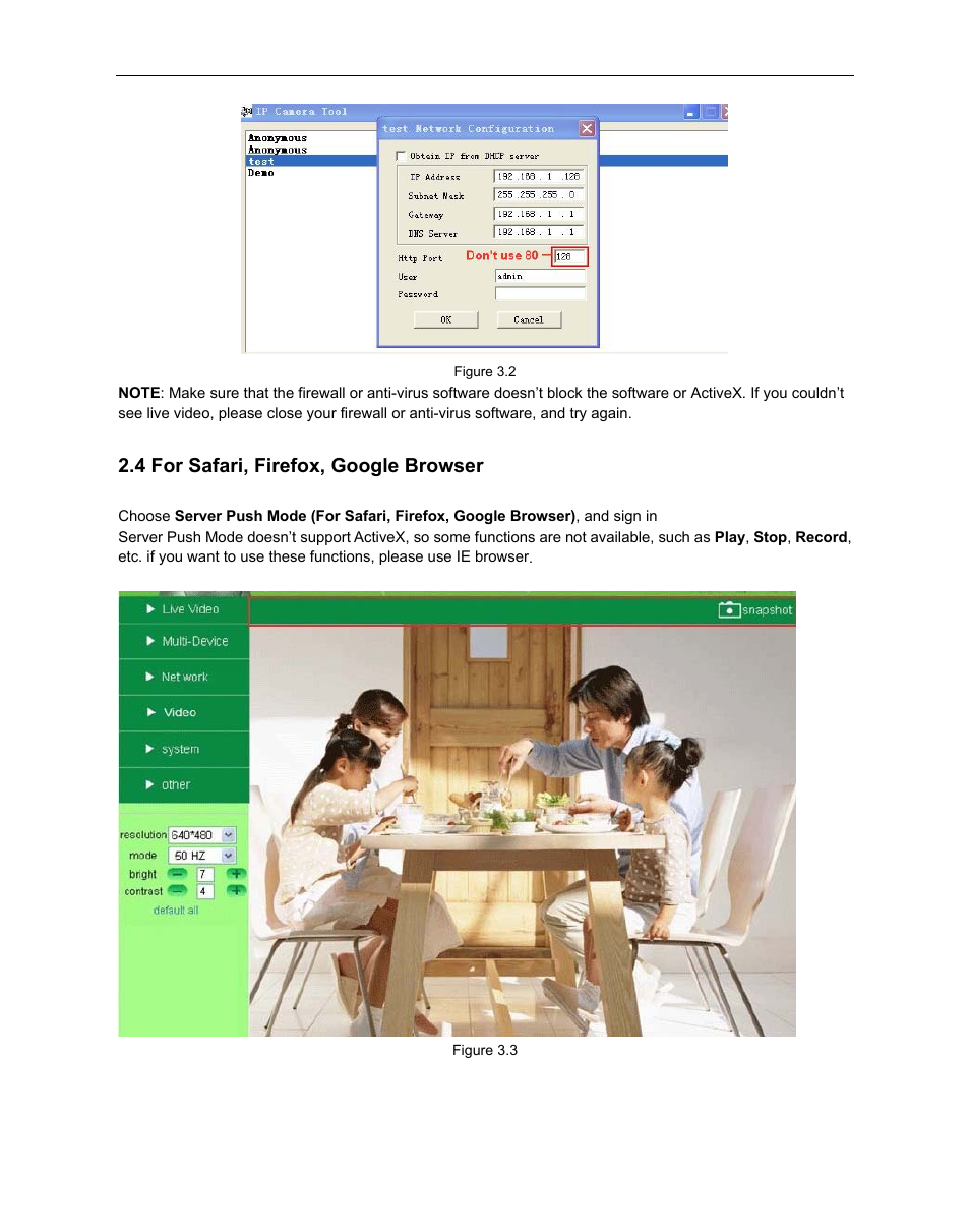 4 for safari, firefox, google browser, Afari, Irefox | Oogle, Rowser | ELRO C803IP Plug & Play network camera Full USERS MANUAL User Manual | Page 15 / 52