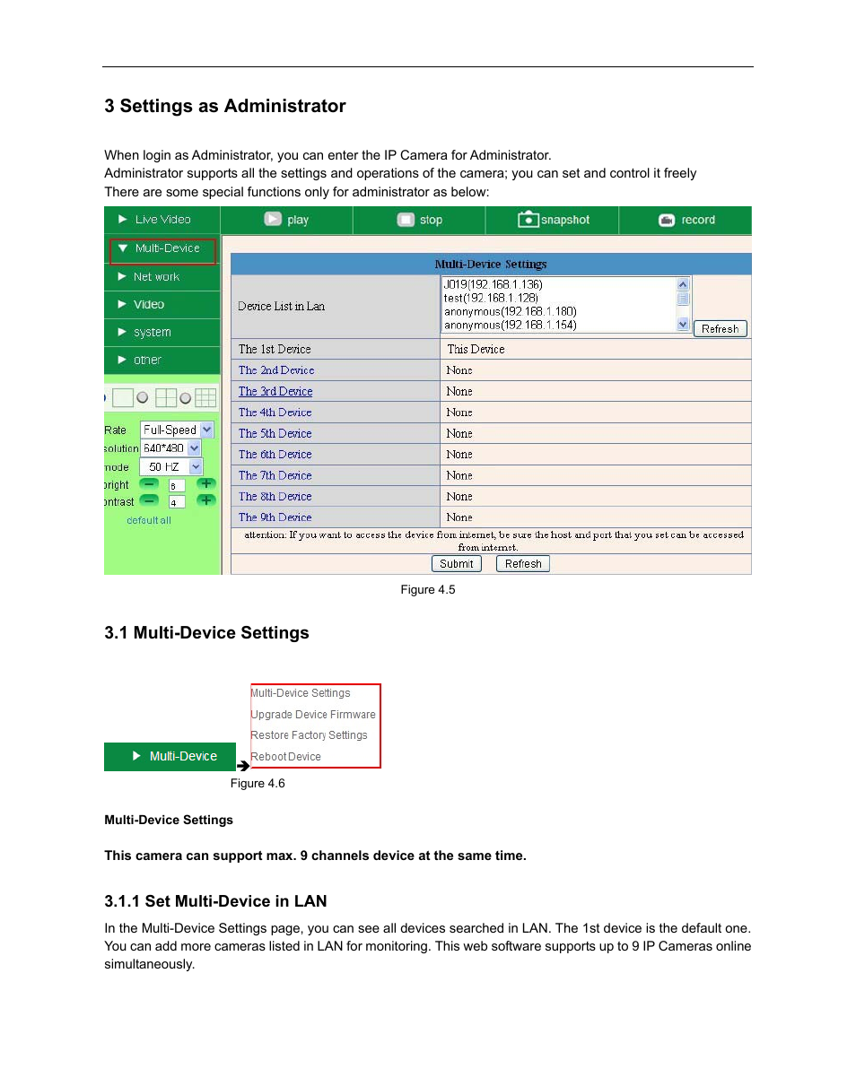3 settings as administrator, 1 multi-device settings, Ulti | Evice, Ettings, 1 set multi-device in lan | ELRO C803IP Plug & Play network camera Full USERS MANUAL User Manual | Page 22 / 52