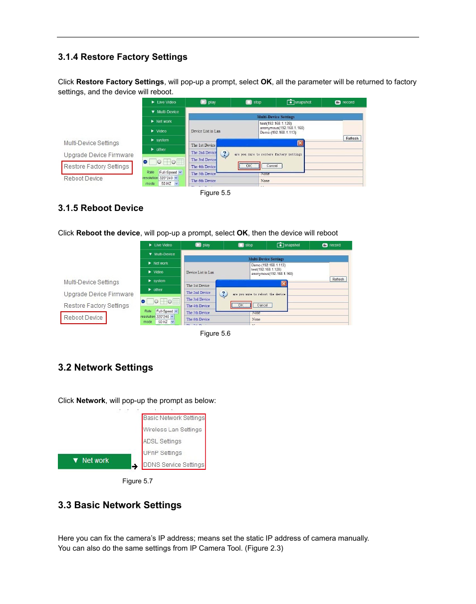 2 network settings, 3 basic network settings, Etwork | Ettings, Asic, 4 restore factory settings, 5 reboot device | ELRO C803IP Plug & Play network camera Full USERS MANUAL User Manual | Page 27 / 52