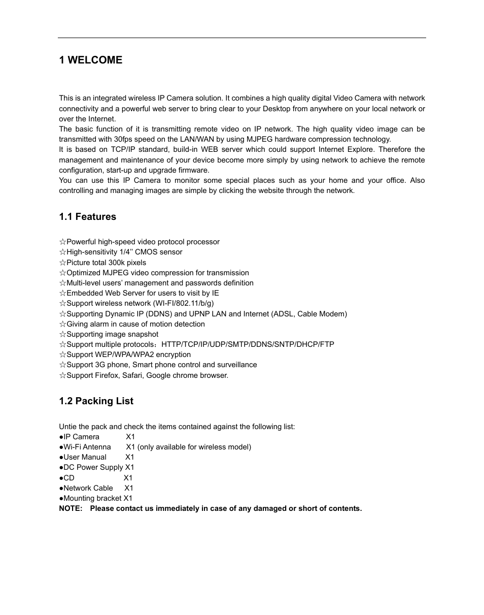 1 welcome, 1 features, 2 packing list | Eatures, Acking | ELRO C803IP Plug & Play network camera Full USERS MANUAL User Manual | Page 3 / 52