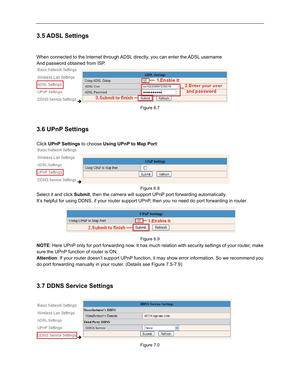 5 adsl settings, 6 upnp settings, 7 ddns service settings | Adsl, Ettings, Ddns, Ervice | ELRO C803IP Plug & Play network camera Full USERS MANUAL User Manual | Page 31 / 52