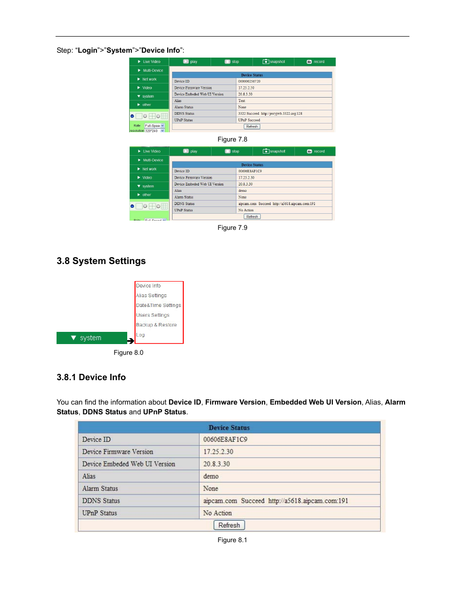 8 system settings, Ystem, Ettings | 1 device info | ELRO C803IP Plug & Play network camera Full USERS MANUAL User Manual | Page 35 / 52