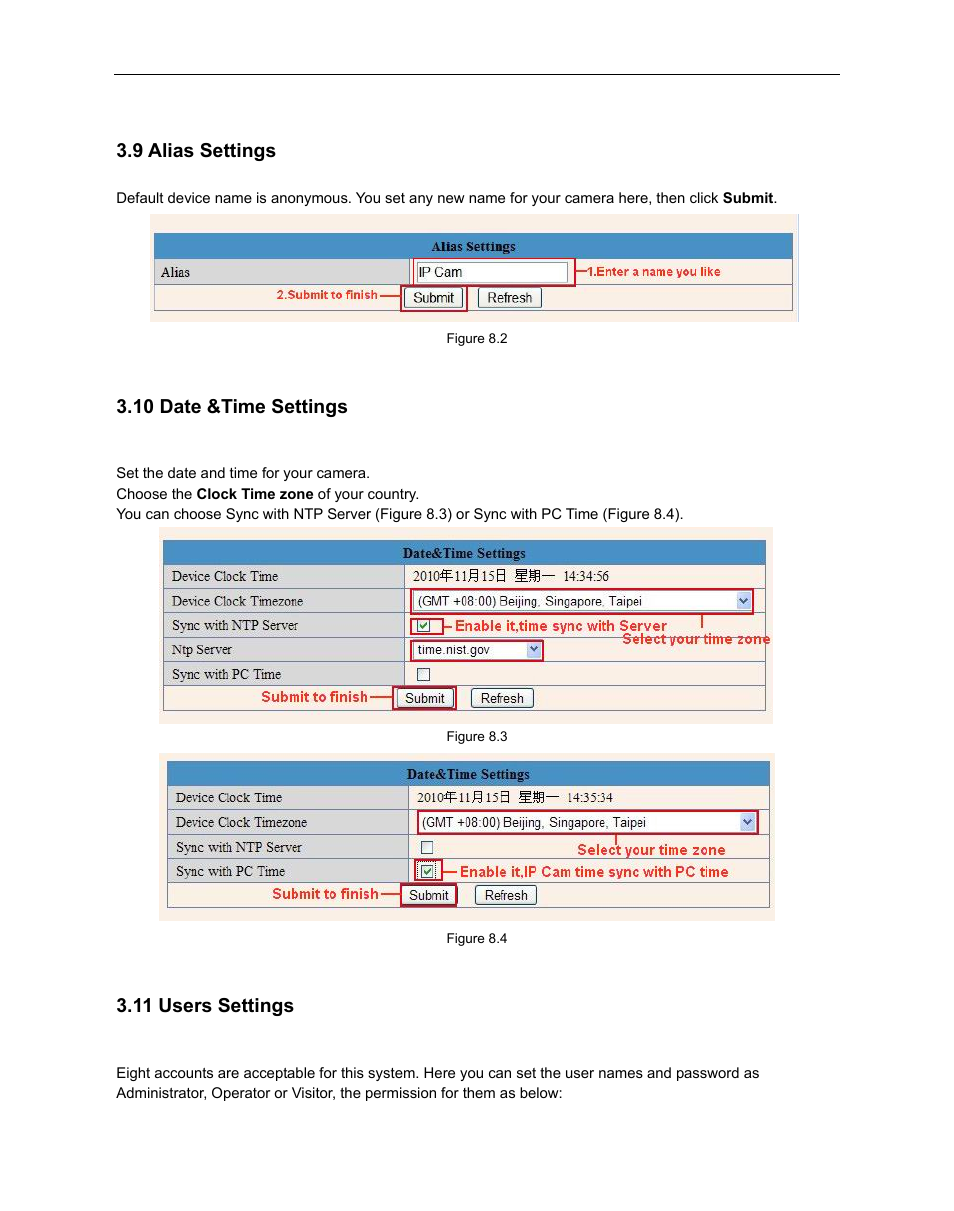 9 alias settings, 10 date &time settings, 11 users settings | Lias, Ettings, Sers | ELRO C803IP Plug & Play network camera Full USERS MANUAL User Manual | Page 36 / 52