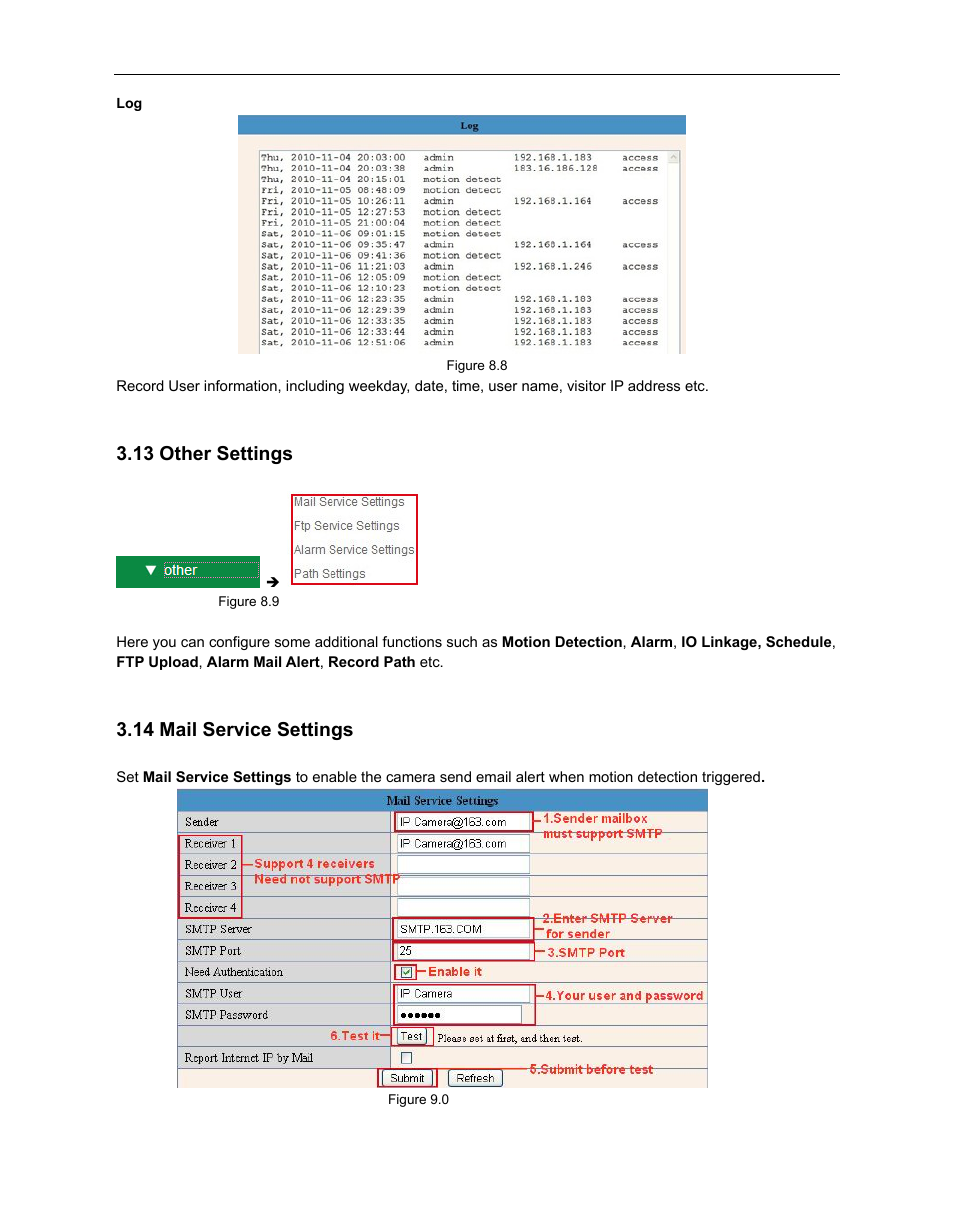 13 other settings, 14 mail service settings, Ther | Ettings, Ervice | ELRO C803IP Plug & Play network camera Full USERS MANUAL User Manual | Page 38 / 52