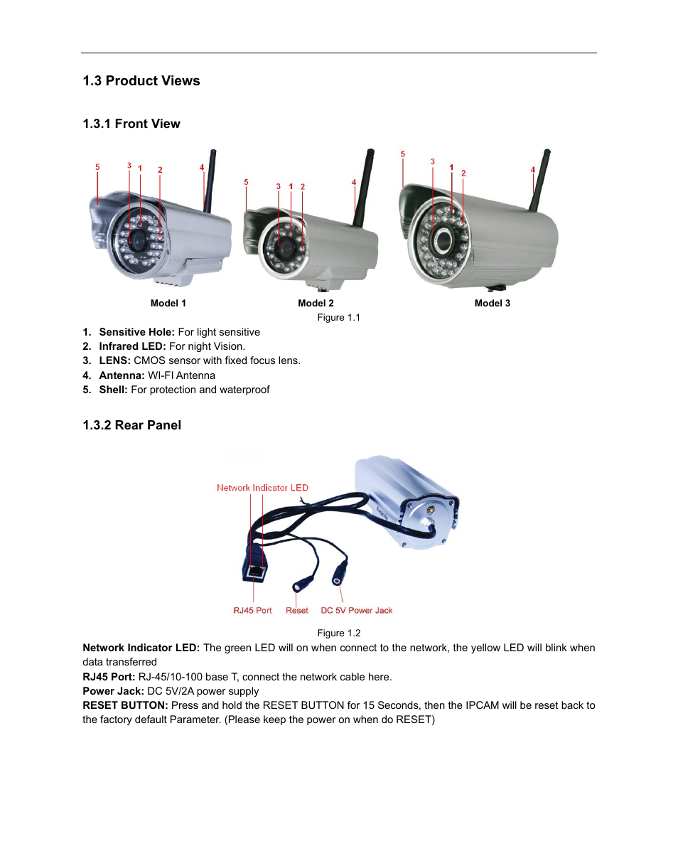 3 product views, Roduct, Iews | 1 front view, 2 rear panel | ELRO C803IP Plug & Play network camera Full USERS MANUAL User Manual | Page 4 / 52