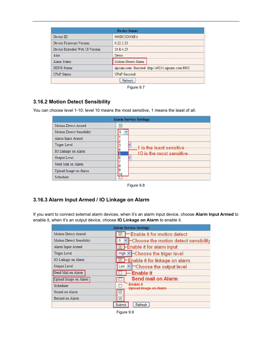 2 motion detect sensibility, 3 alarm input armed / io linkage on alarm | ELRO C803IP Plug & Play network camera Full USERS MANUAL User Manual | Page 42 / 52