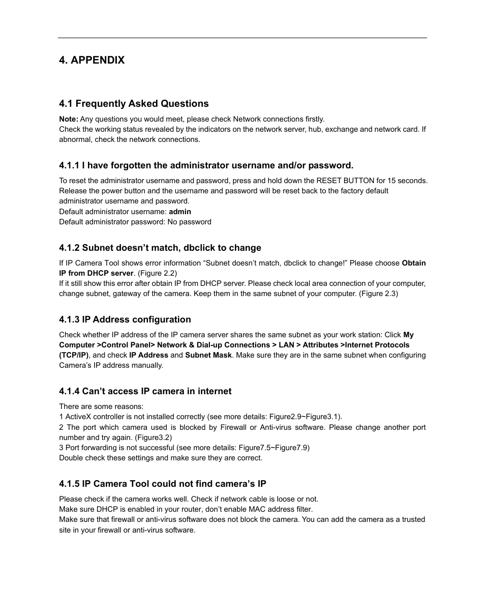 Appendix, 1 frequently asked questions, Requently | Sked, Uestions | ELRO C803IP Plug & Play network camera Full USERS MANUAL User Manual | Page 48 / 52