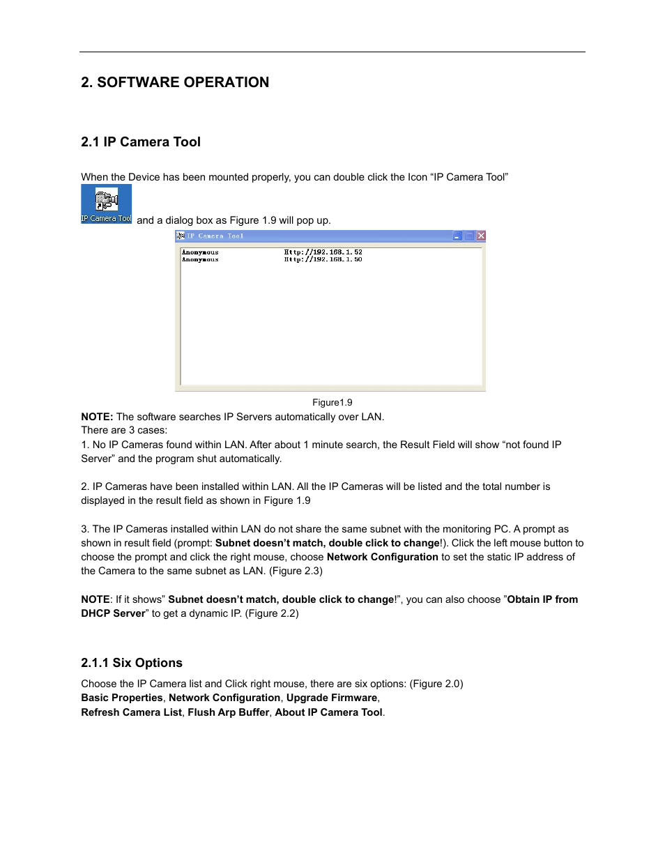 Software operation, 1 ip camera tool, Amera | 1 six options | ELRO C803IP Plug & Play network camera Full USERS MANUAL User Manual | Page 8 / 52