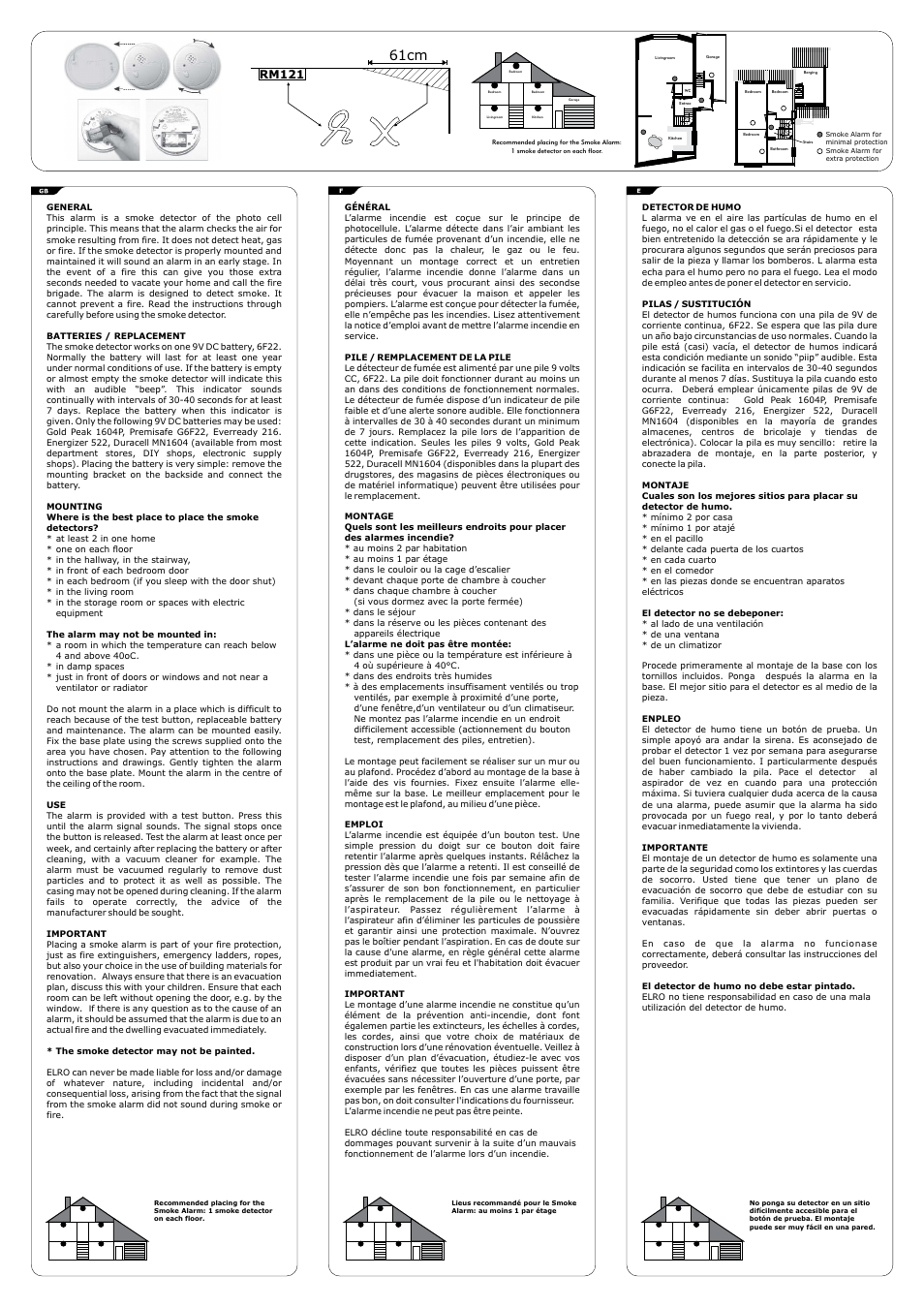 Fr-gb-e, 61cm, Rm121 | ELRO RM121 Optical smoke detector User Manual | Page 2 / 2
