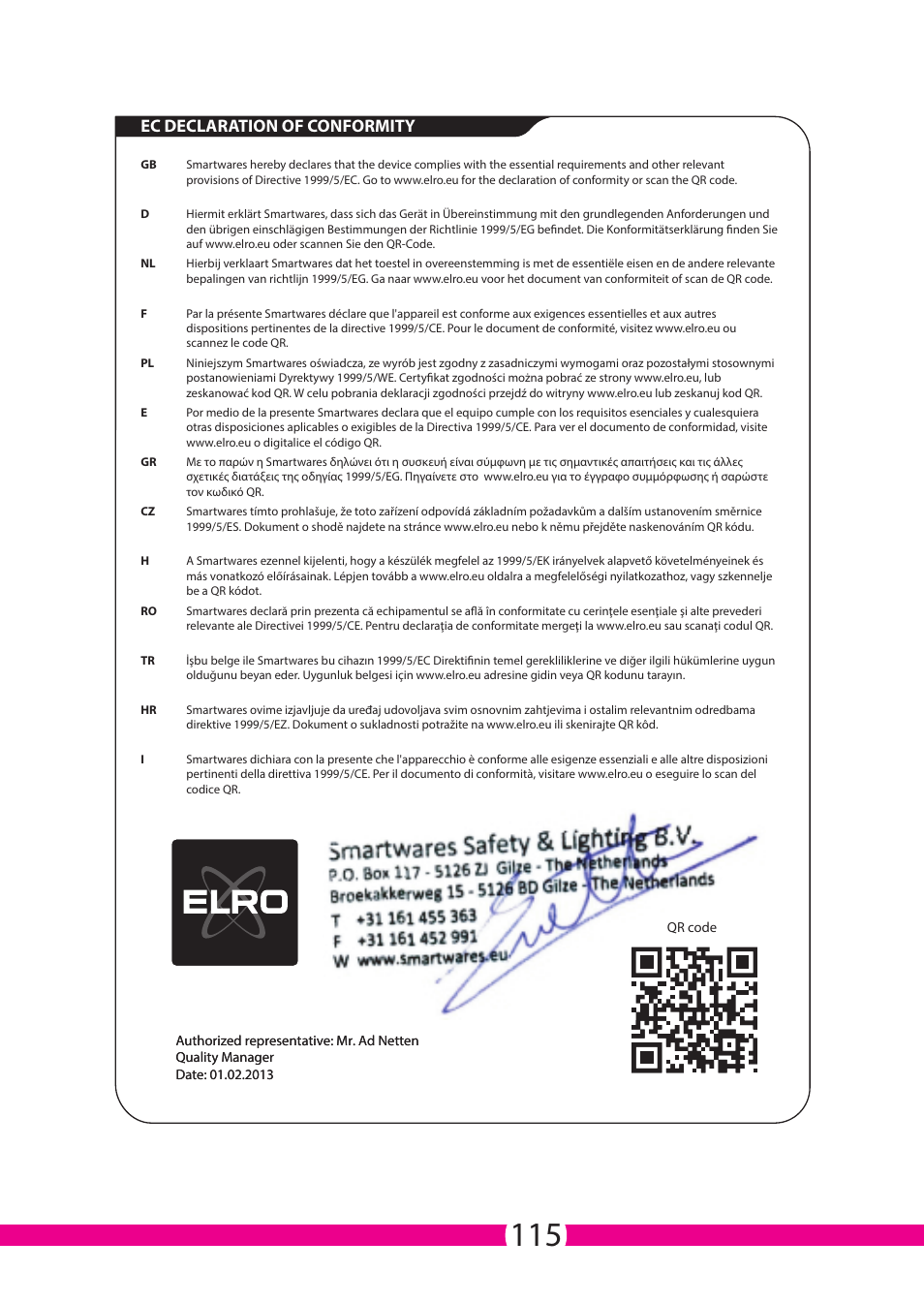 Ec declaration of conformity | ELRO C706IP_C706WIP Wireless network camera User Manual | Page 115 / 116