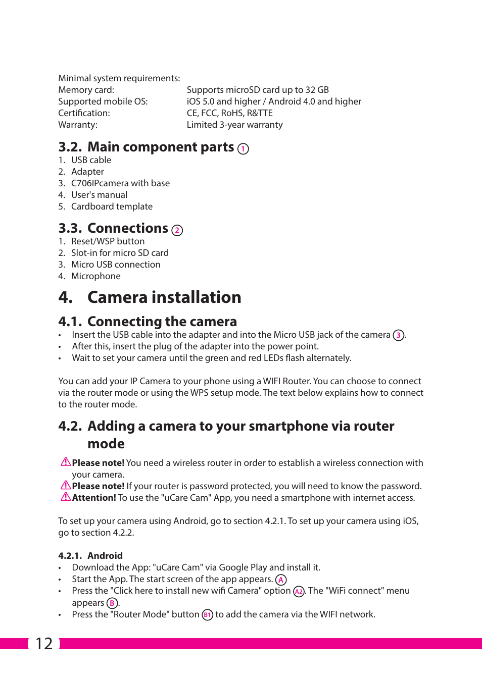 Camera installation, Main component parts, Connections | Connecting the camera, Adding a camera to your smartphone via router mode | ELRO C706IP_C706WIP Wireless network camera User Manual | Page 12 / 116