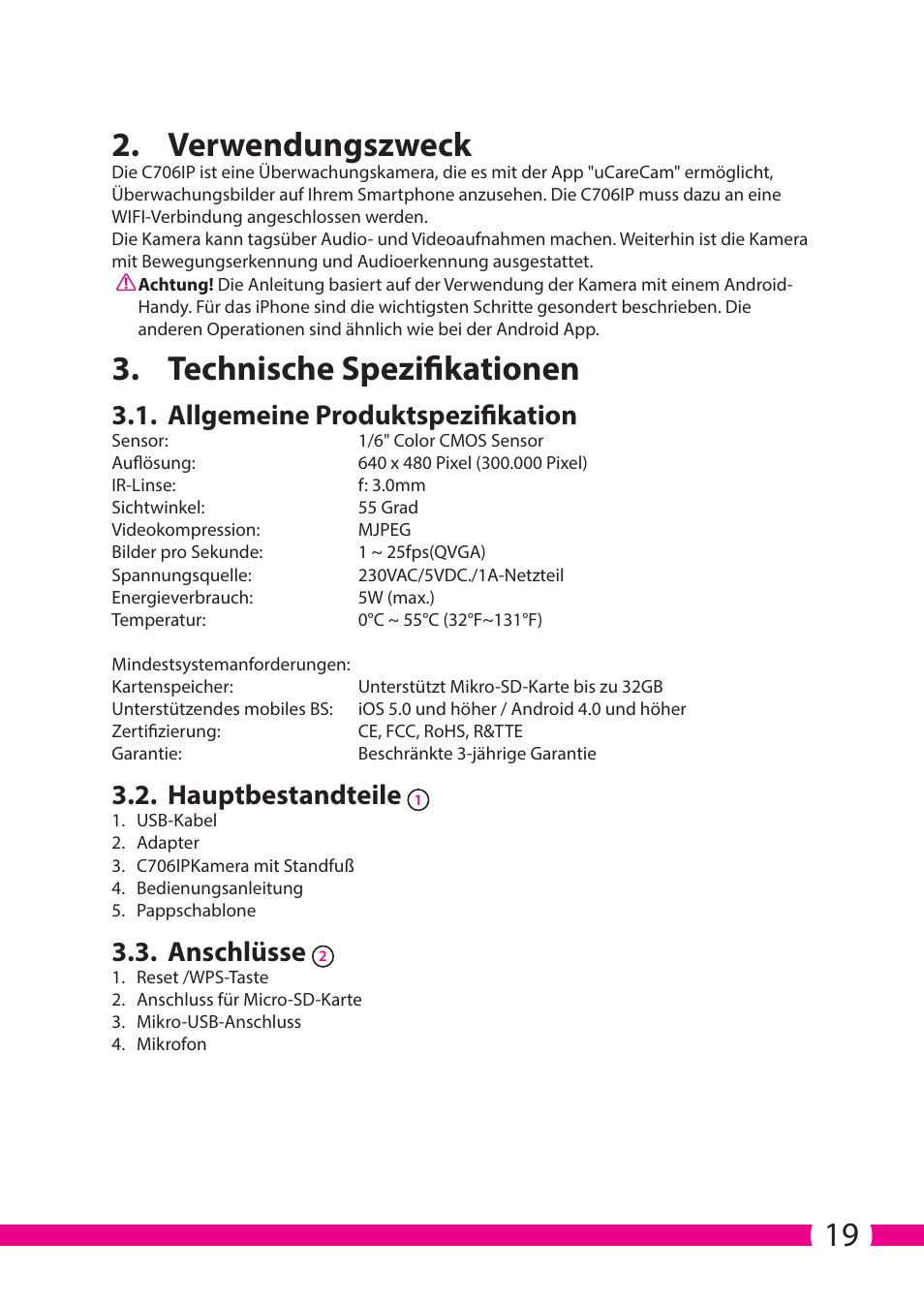 19 2. verwendungszweck, Technische spezifikationen, Allgemeine produktspezifikation | Hauptbestandteile, Anschlüsse | ELRO C706IP_C706WIP Wireless network camera User Manual | Page 19 / 116