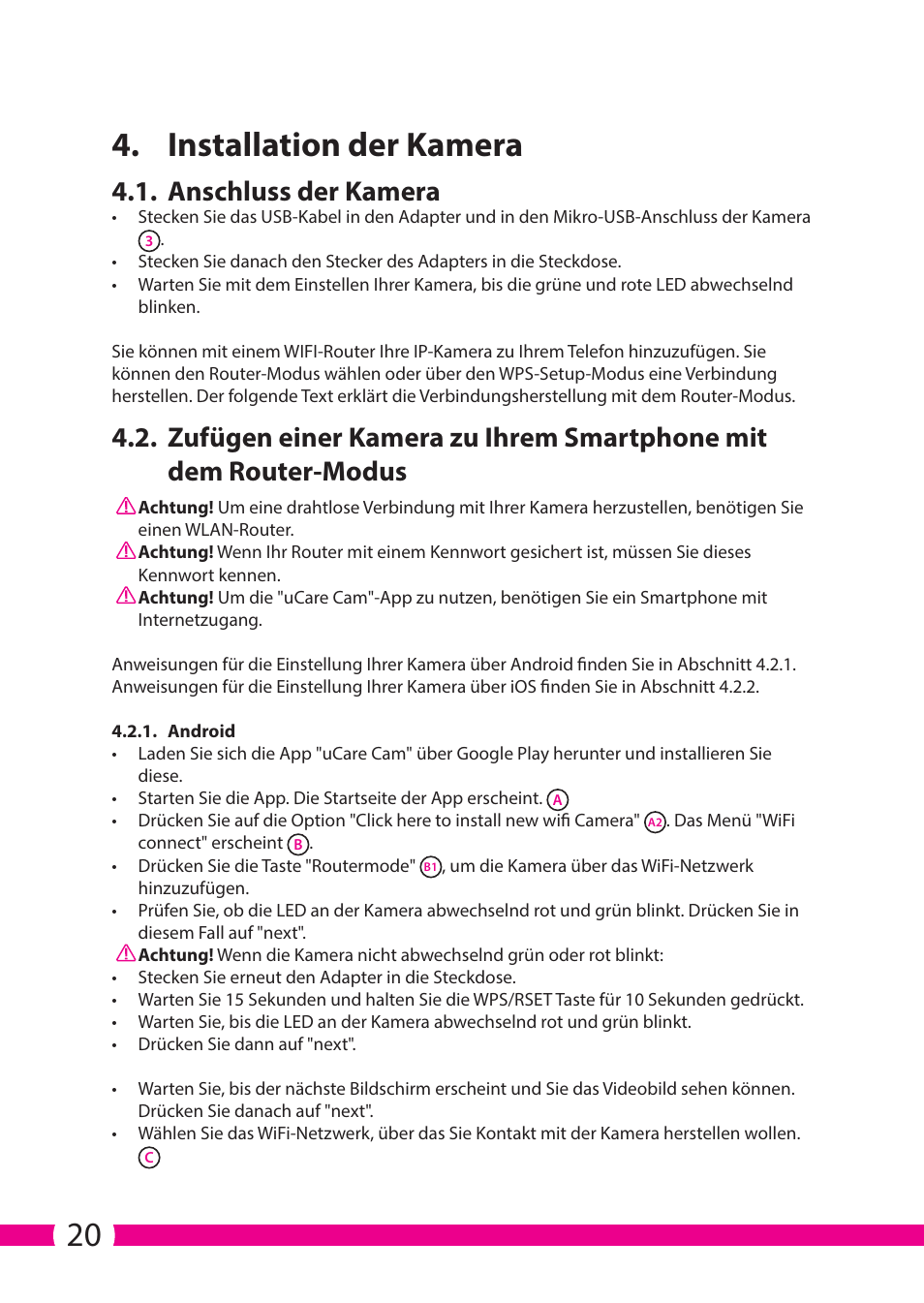 20 4. installation der kamera, Anschluss der kamera | ELRO C706IP_C706WIP Wireless network camera User Manual | Page 20 / 116