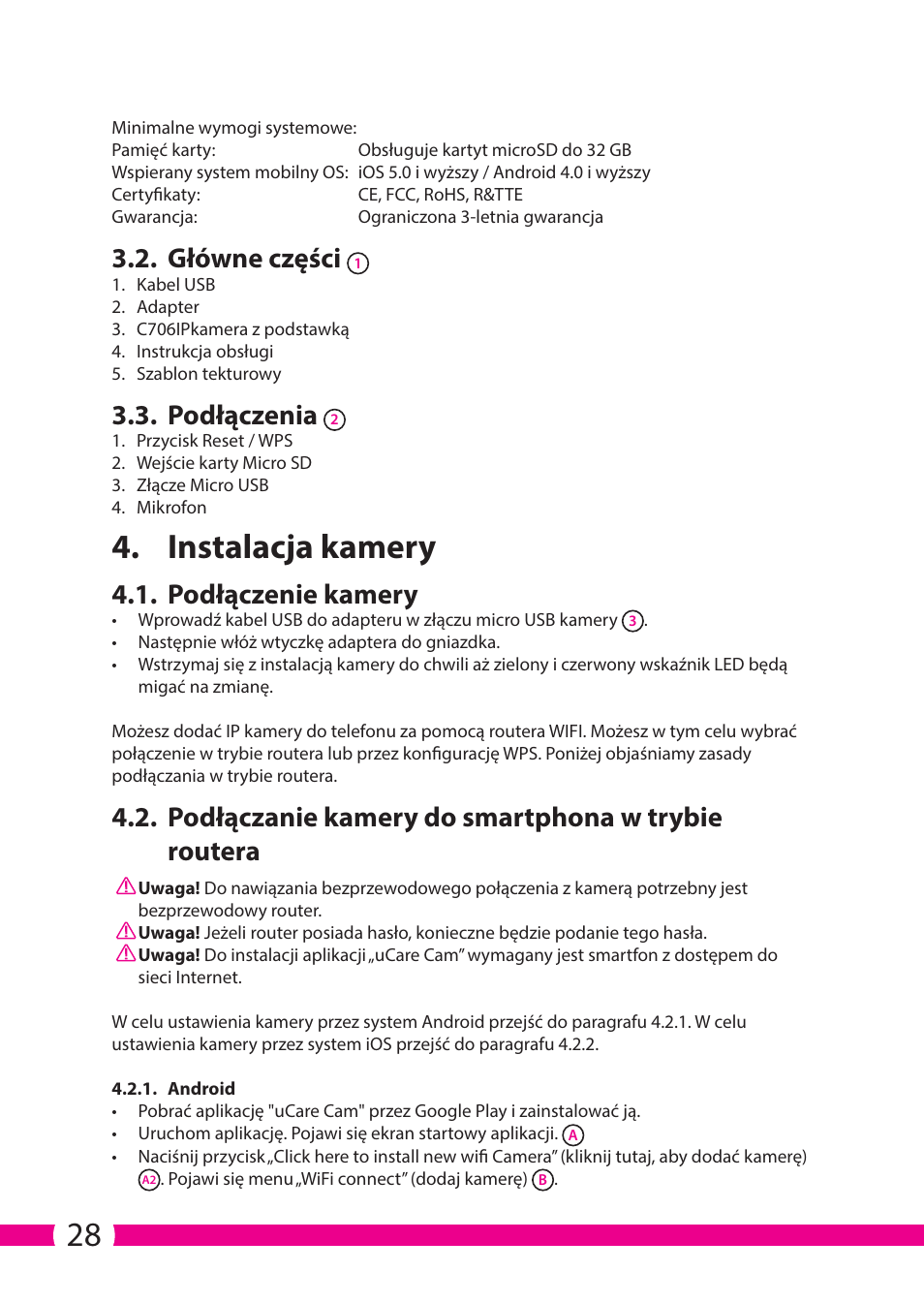 Instalacja kamery, Główne części, Podłączenia | Podłączenie kamery, Podłączanie kamery do smartphona w trybie routera | ELRO C706IP_C706WIP Wireless network camera User Manual | Page 28 / 116