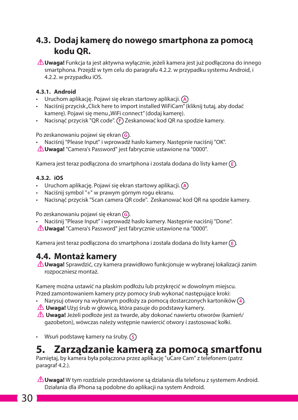 Zarządzanie kamerą za pomocą smartfonu, Montaż kamery | ELRO C706IP_C706WIP Wireless network camera User Manual | Page 30 / 116