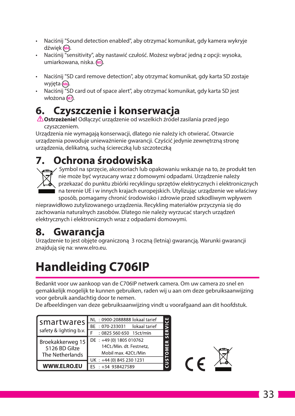 Handleiding c706ip, Czyszczenie i konserwacja, Ochrona środowiska | Gwarancja | ELRO C706IP_C706WIP Wireless network camera User Manual | Page 33 / 116