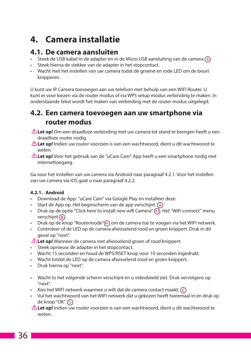 36 4. camera installatie, De camera aansluiten | ELRO C706IP_C706WIP Wireless network camera User Manual | Page 36 / 116
