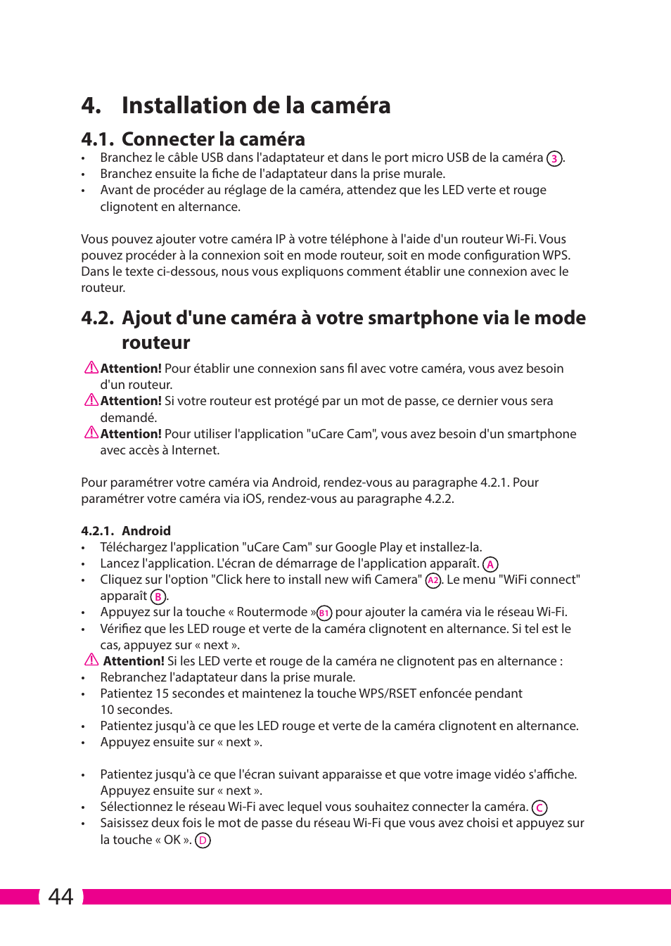 44 4. installation de la caméra, Connecter la caméra | ELRO C706IP_C706WIP Wireless network camera User Manual | Page 44 / 116