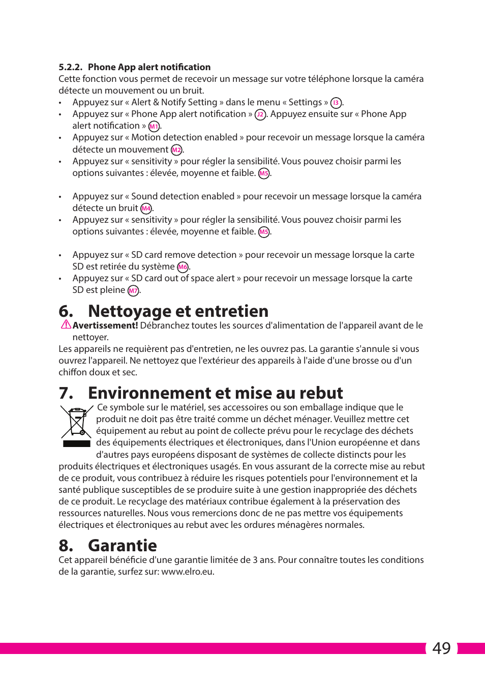 Nettoyage et entretien, Environnement et mise au rebut, Garantie | ELRO C706IP_C706WIP Wireless network camera User Manual | Page 49 / 116