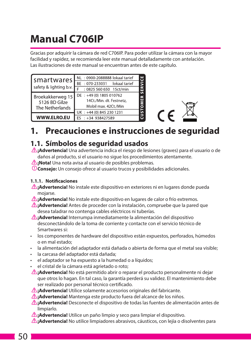 Manual c706ip, Precauciones e instrucciones de seguridad, Símbolos de seguridad usados | ELRO C706IP_C706WIP Wireless network camera User Manual | Page 50 / 116