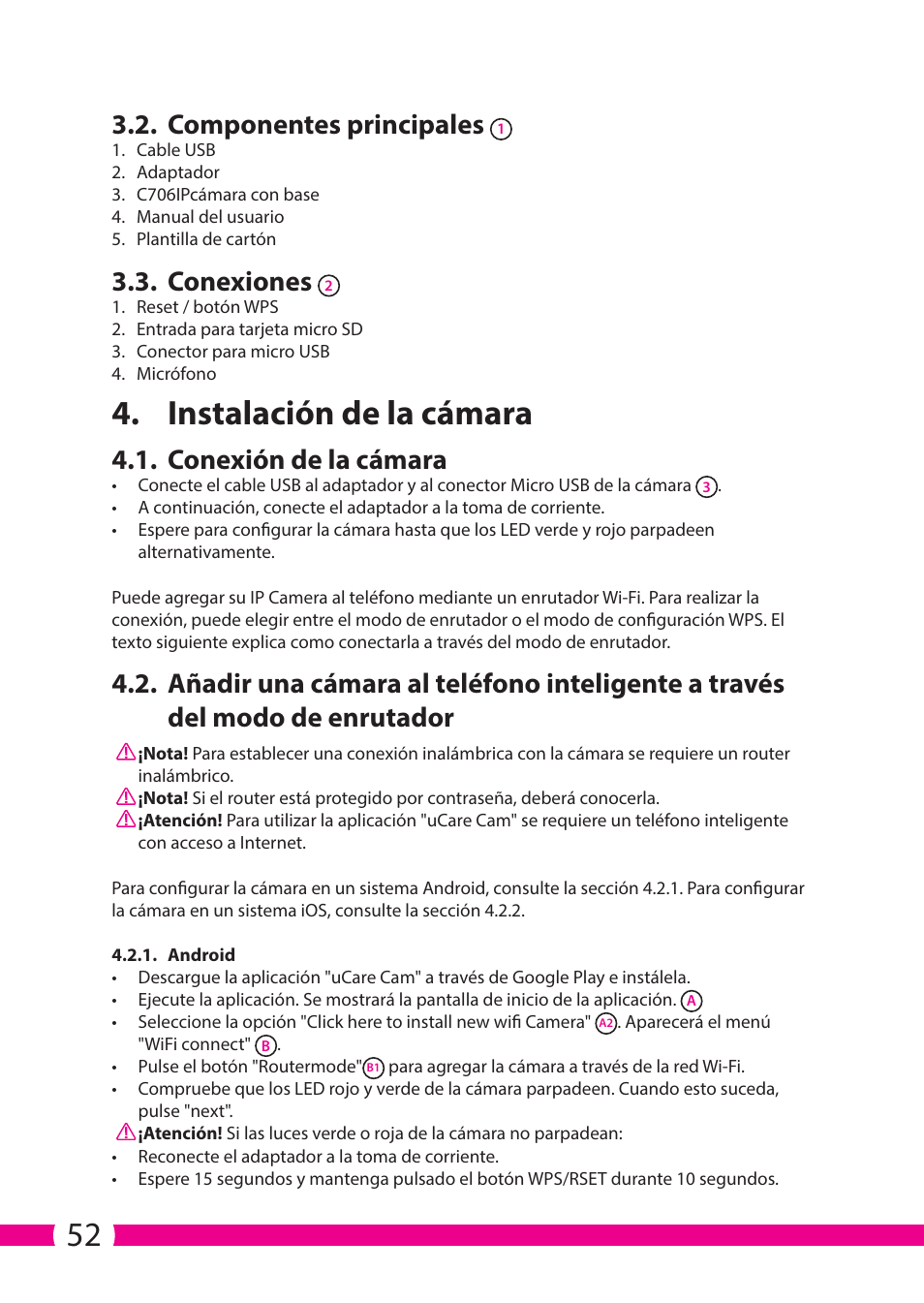 Instalación de la cámara, Componentes principales, Conexiones | Conexión de la cámara | ELRO C706IP_C706WIP Wireless network camera User Manual | Page 52 / 116