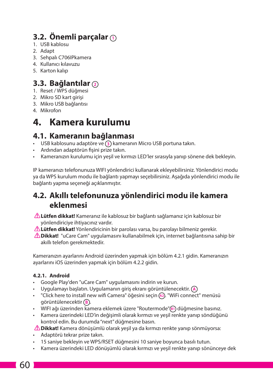 Kamera kurulumu, Önemli parçalar, Bağlantılar | Kameranın bağlanması | ELRO C706IP_C706WIP Wireless network camera User Manual | Page 60 / 116