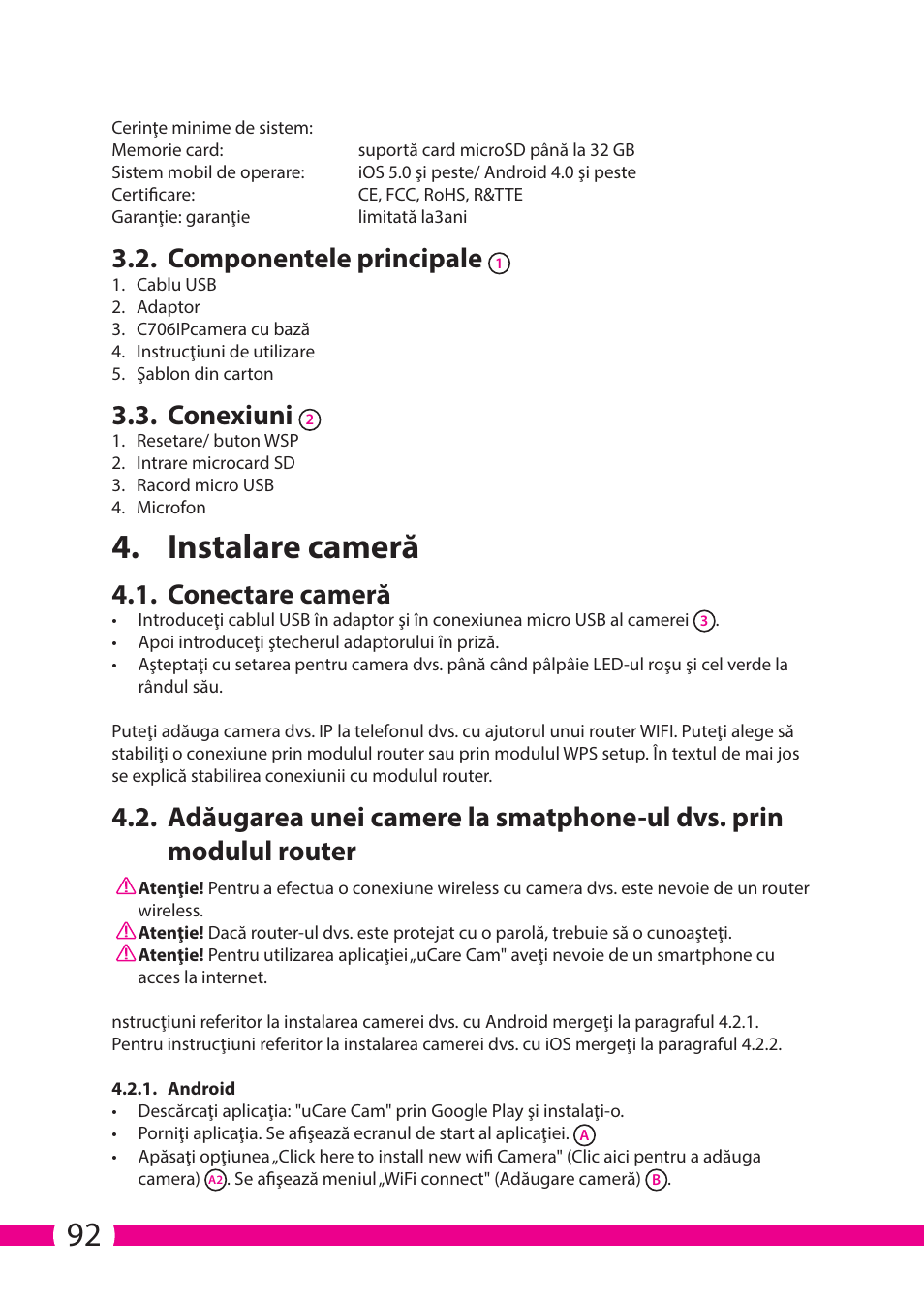 Instalare cameră, Componentele principale, Conexiuni | Conectare cameră | ELRO C706IP_C706WIP Wireless network camera User Manual | Page 92 / 116