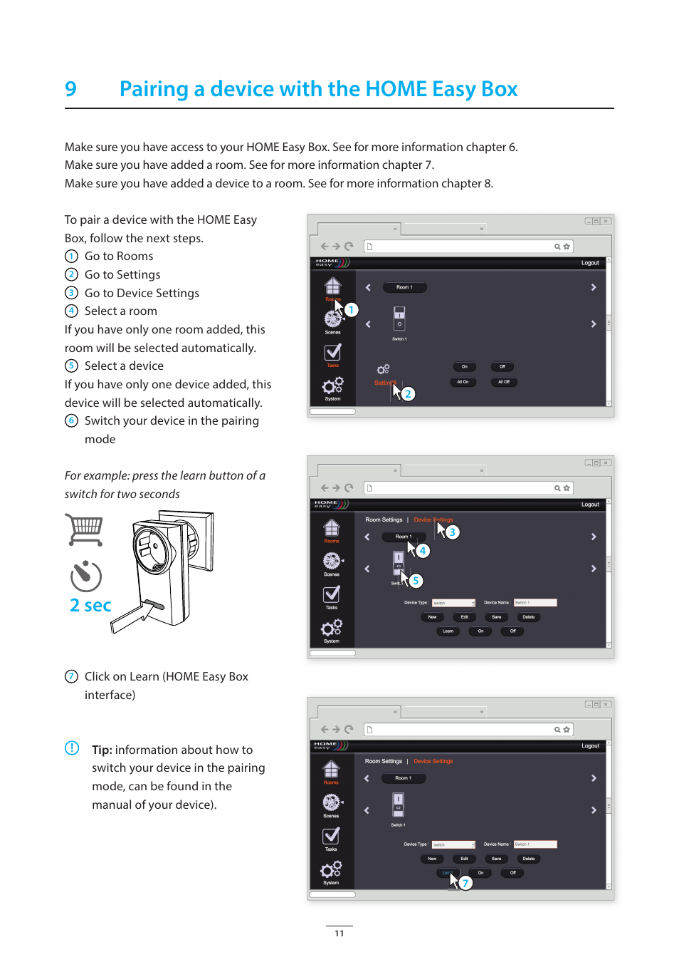 9pairing a device with the home easy box, 2 sec | ELRO HE840IP Home automation gateway USERS MANUAL User Manual | Page 11 / 20