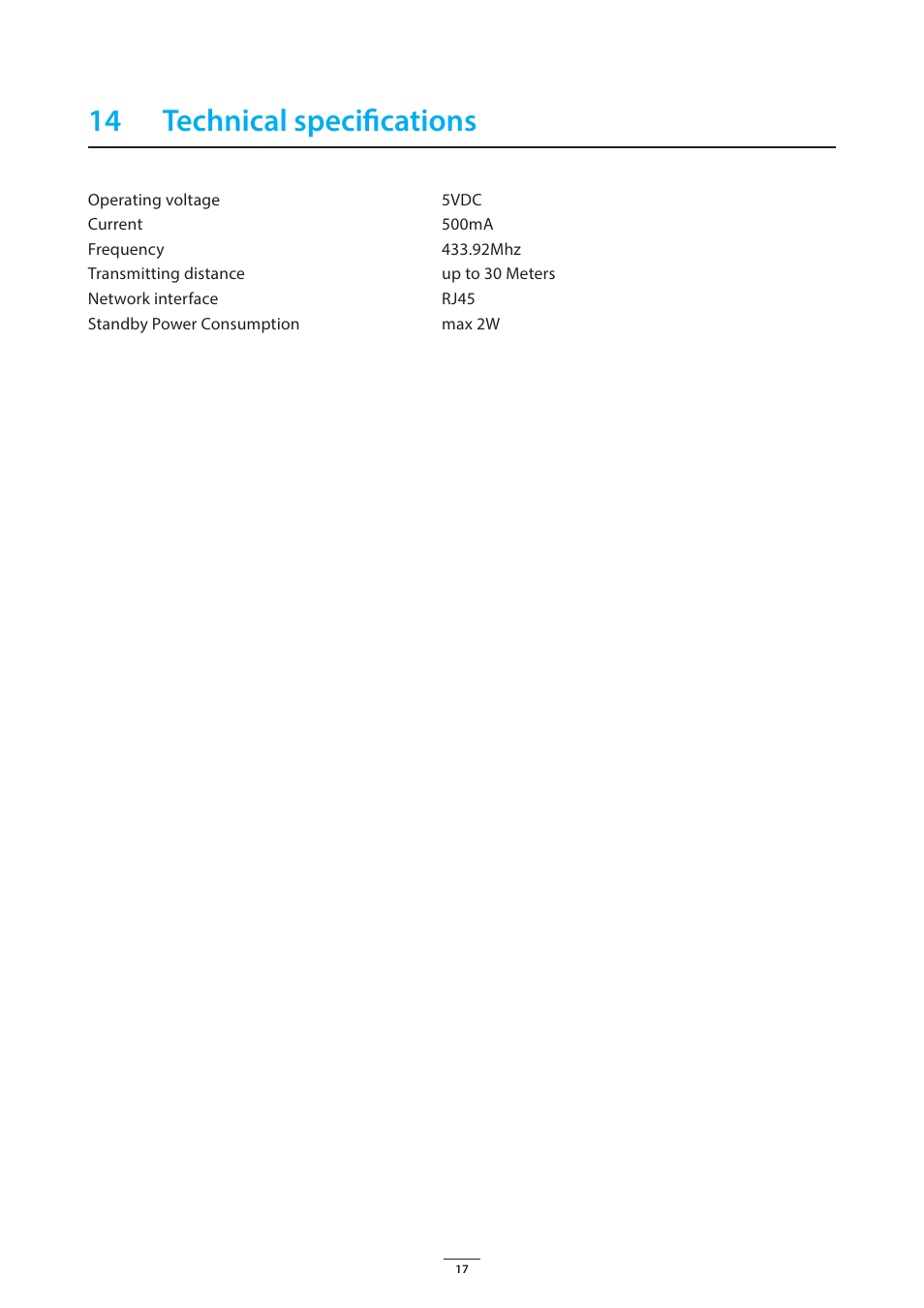 14 technical specifications | ELRO HE840IP Home automation gateway USERS MANUAL User Manual | Page 17 / 20