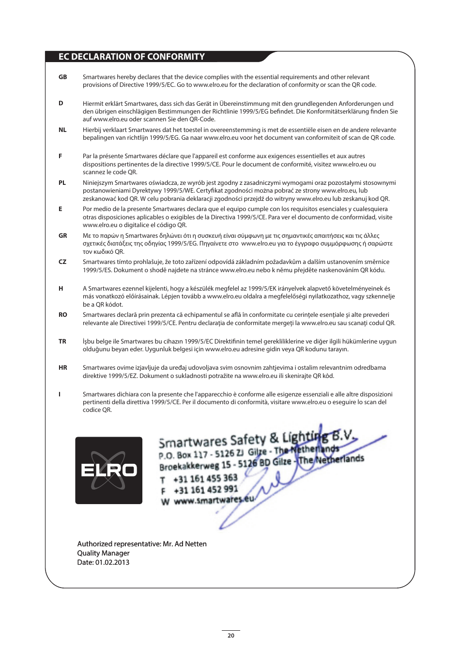 Ec declaration of conformity | ELRO HE840IP Home automation gateway USERS MANUAL User Manual | Page 20 / 20