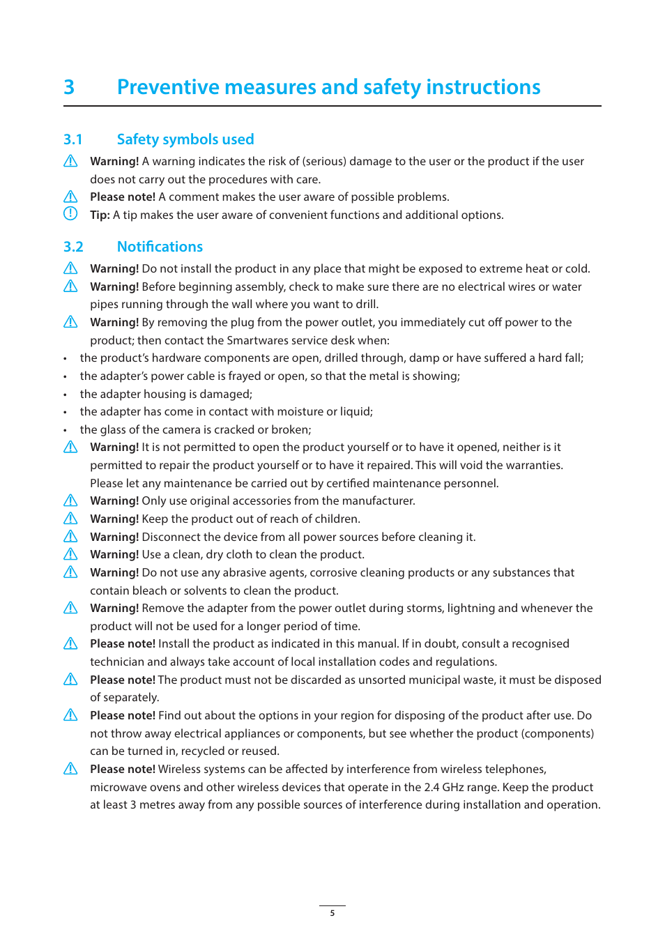 3preventive measures and safety instructions, 1 safety symbols used, 2 notifications | ELRO HE840IP Home automation gateway USERS MANUAL User Manual | Page 5 / 20
